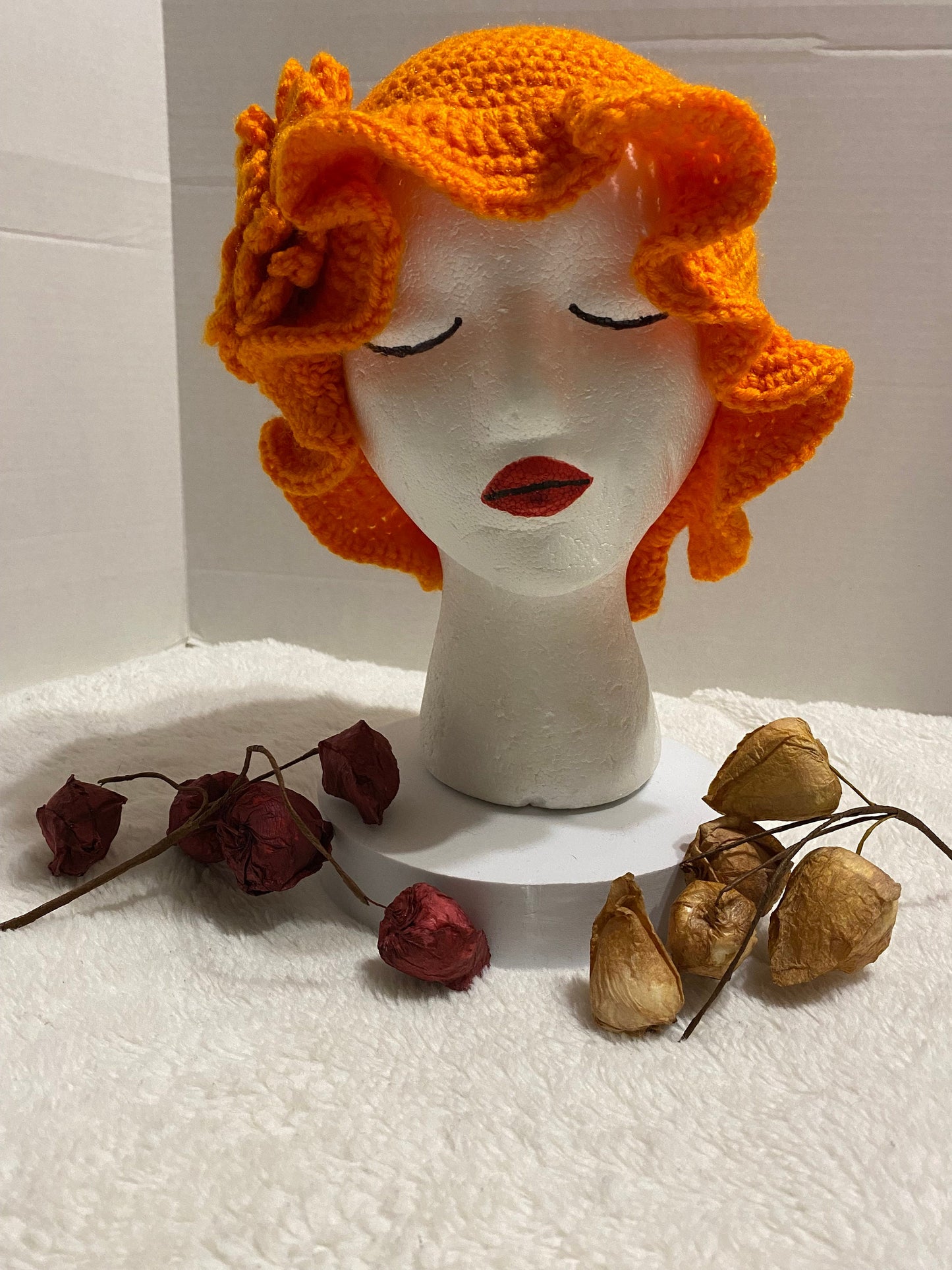 Crochet Bucket Hat with Flower: Orange Acrylic Handmade Women's Hat