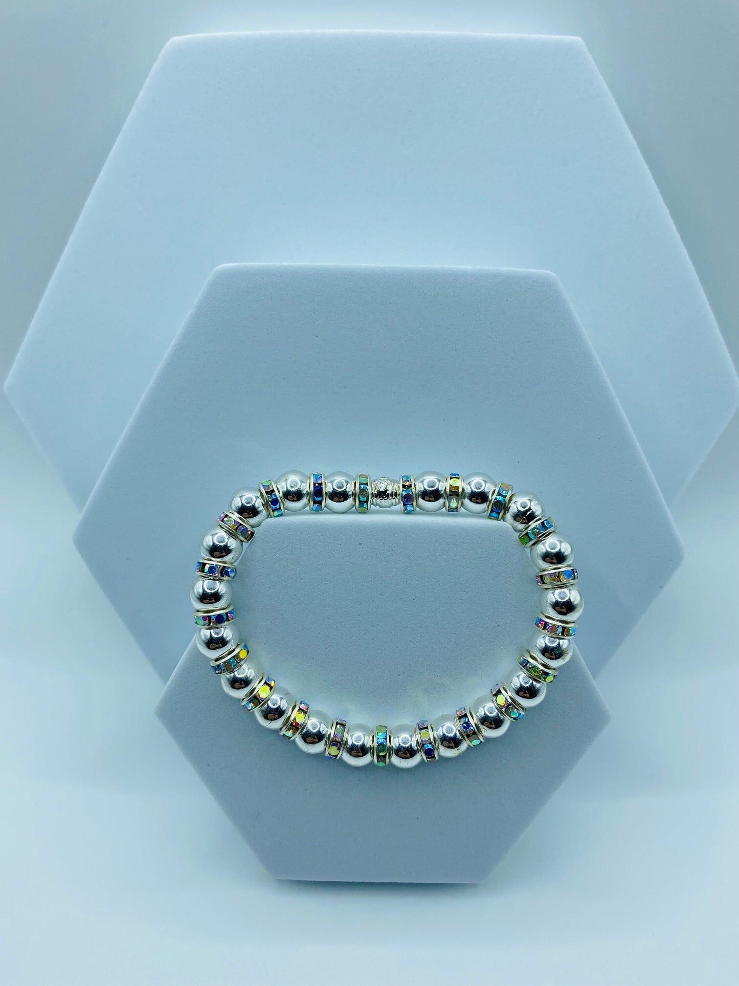 Mens Silver Hematite Bracelet with Rhinestone Accents