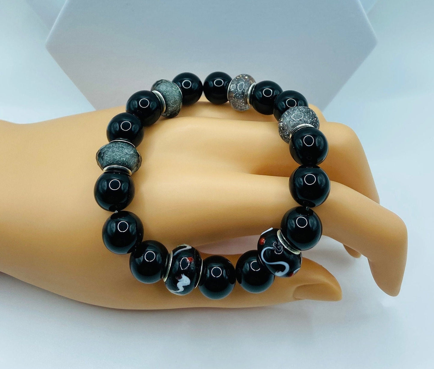 Black Onyx Bracelet: Murano Glass Beads, Chunky Gemstone Jewelry