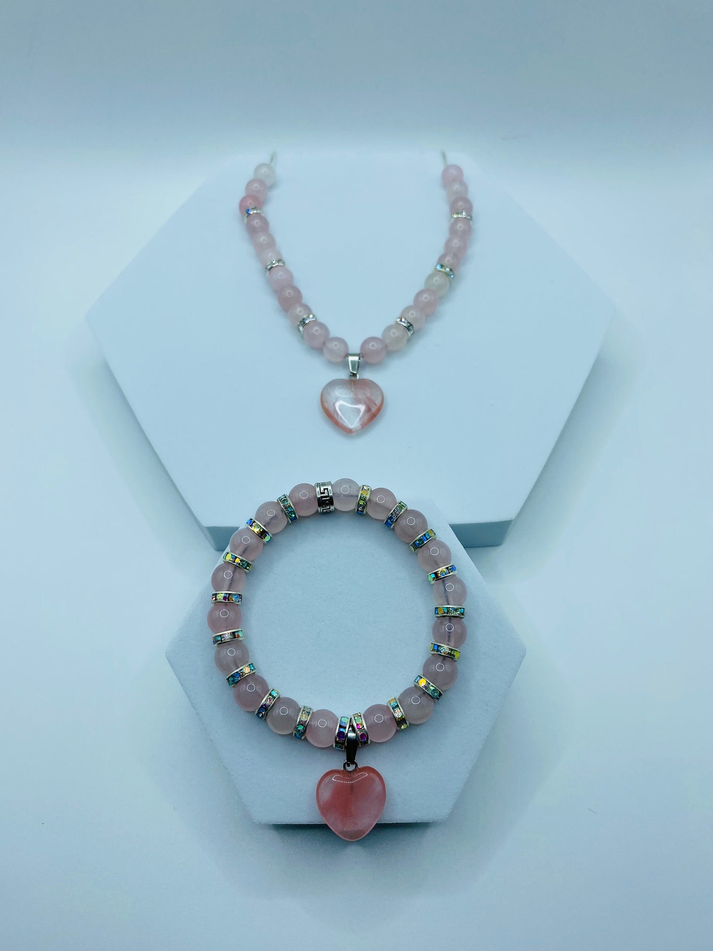 Rose Quartz Necklace Bracelet Set: Pink Aventurine Heart Charm, Rhinestone Rondelles