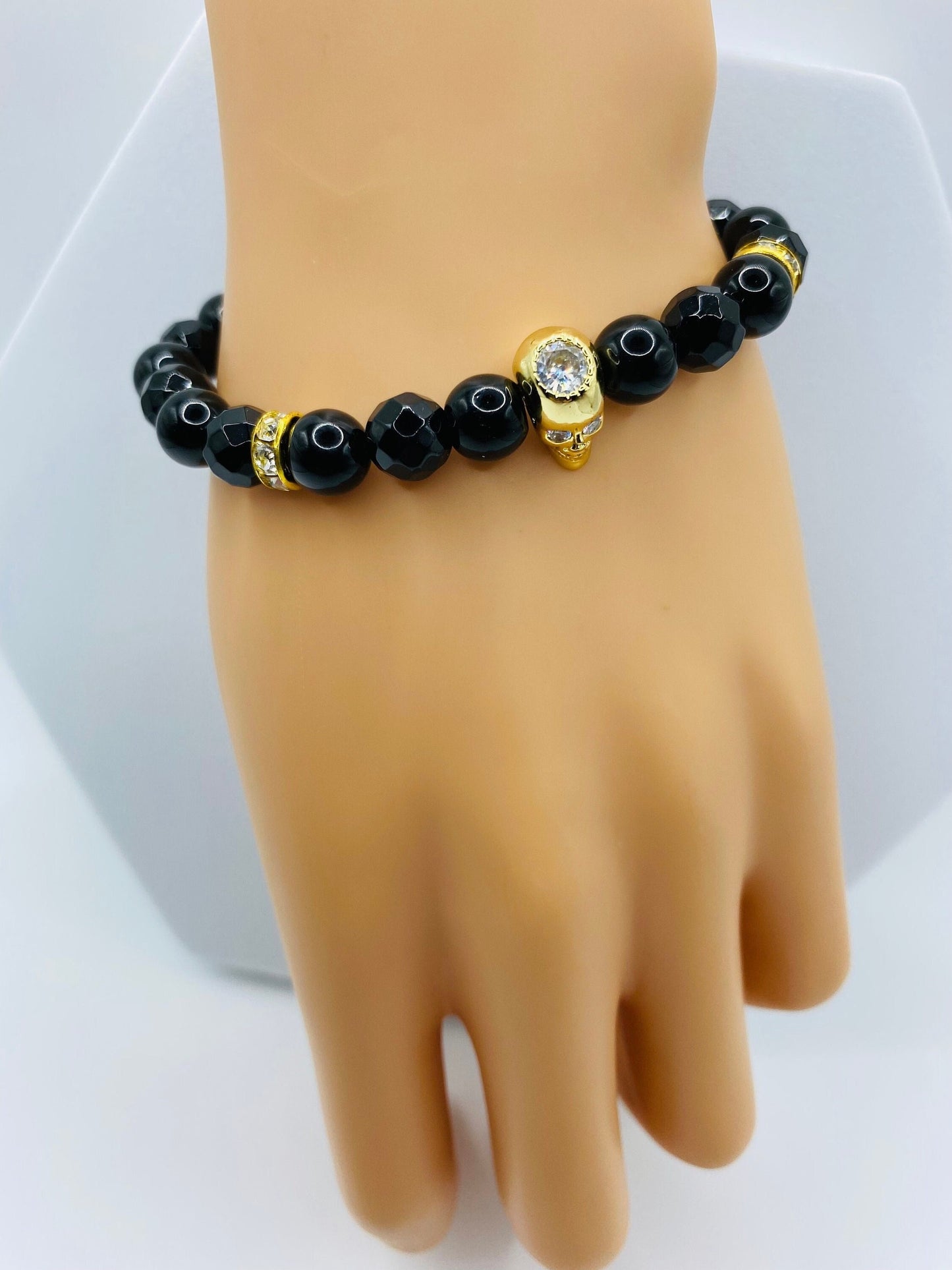 Black Onyx Bracelet: Golden CZ Skull Bead, Goth Jewelry