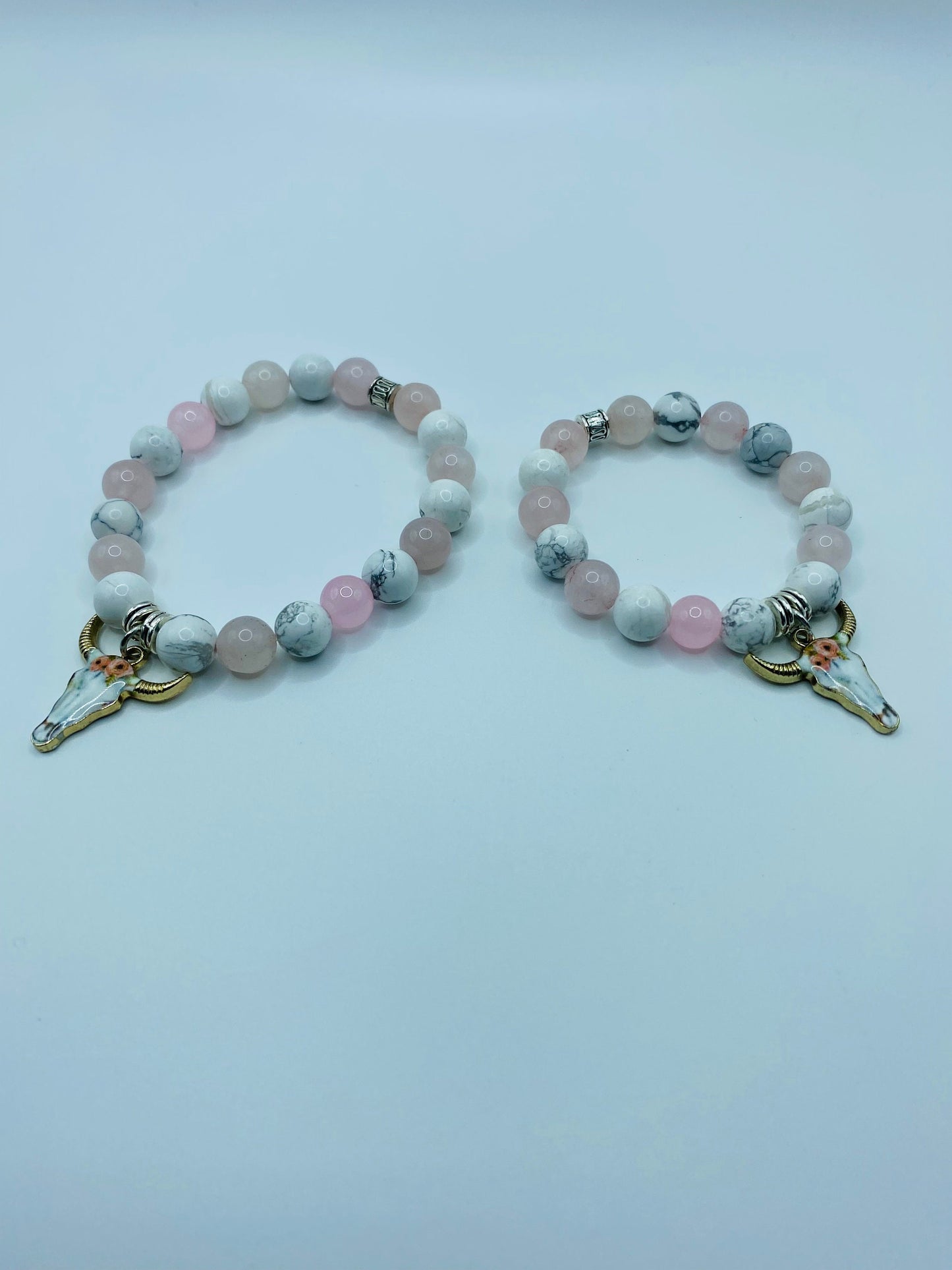 Mommy and Me Cow Charm Bracelet: Rose Quartz & Howlite Gemstone Beads