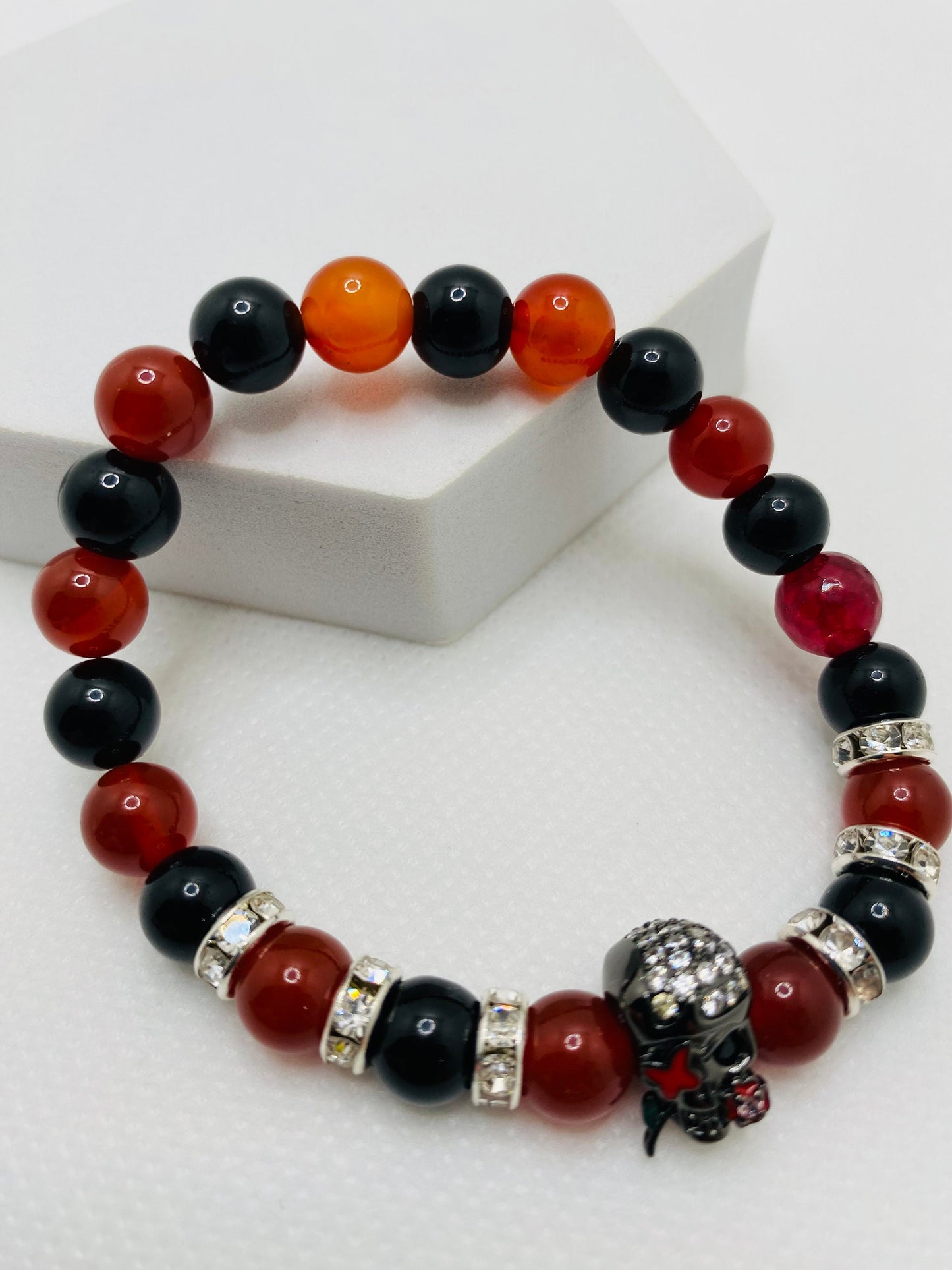 Sugar Skull Bracelet: Black Onyx, Red Carnelian, Rhinestone Rondelles
