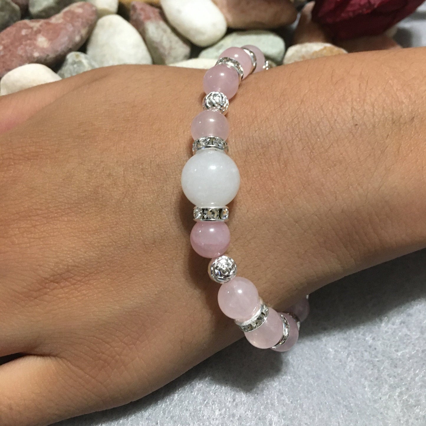 Rose Quartz & Jade Bracelet: Silver Gemstone Jewelry Gift
