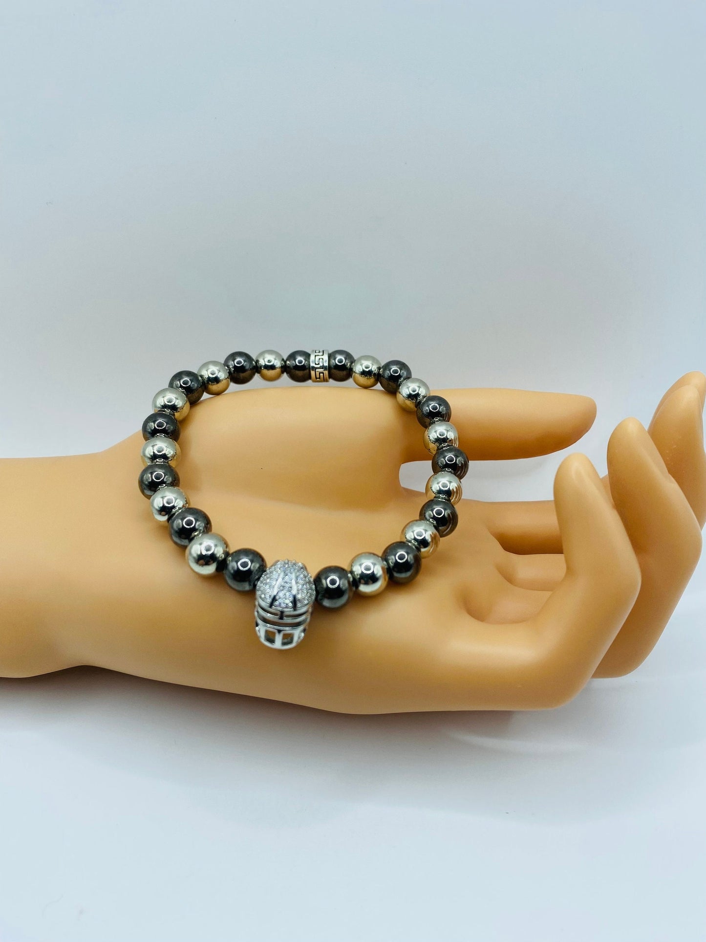 Las Vegas Raiders Bracelet: Hematite Gemstone Beads, CZ Football Helmet
