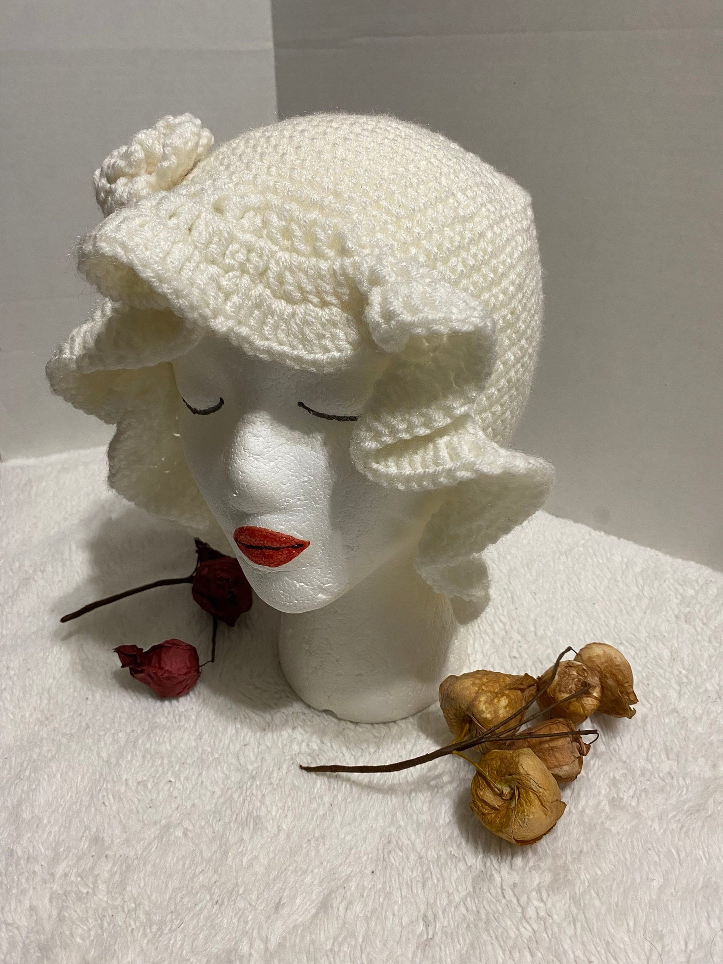 Handmade Crochet Bucket Hat: White Acrylic Flower Hat