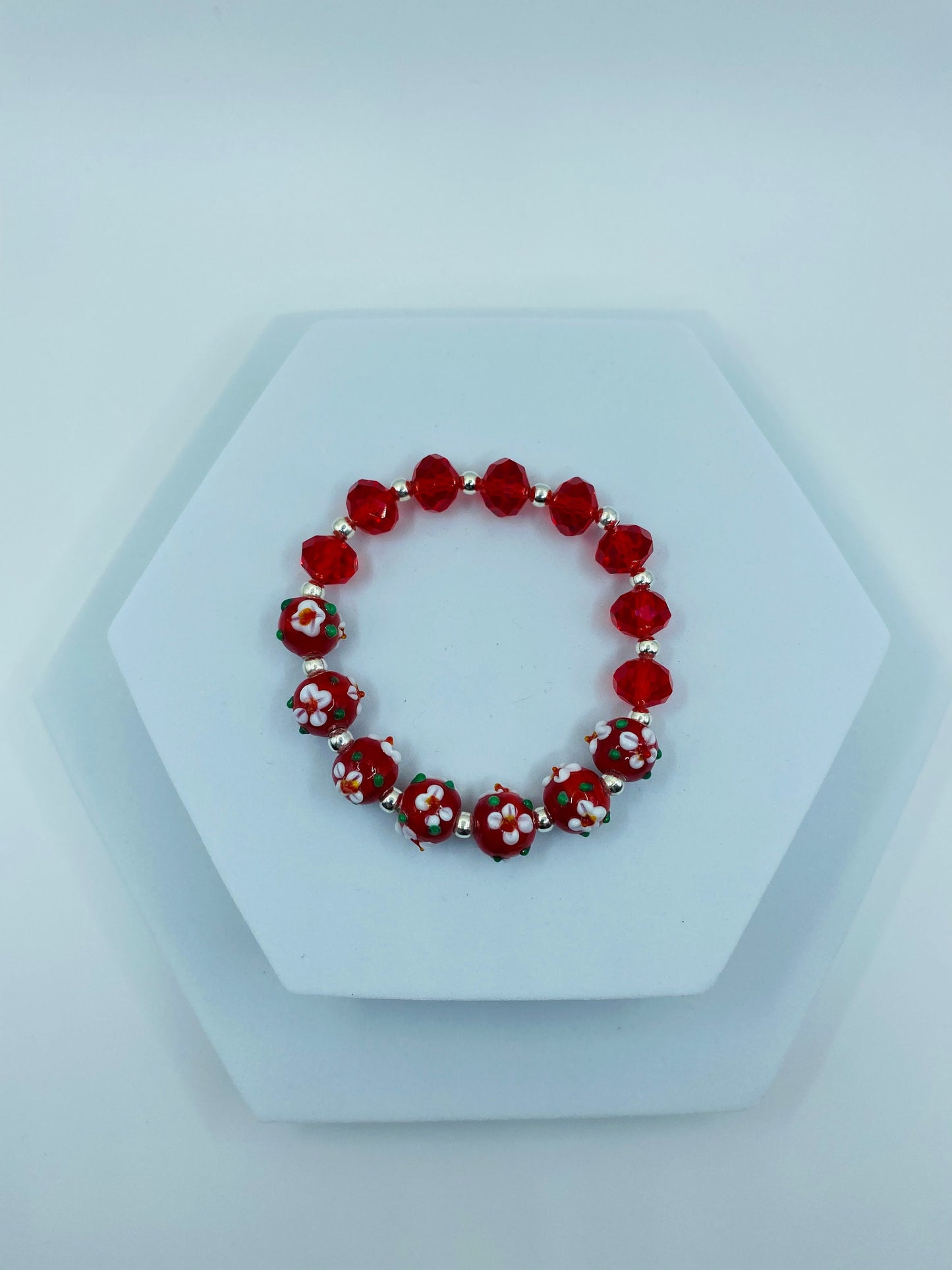 Red Floral Lampwork Glass Bead Bracelet: Red Crystal Handmade Jewelry