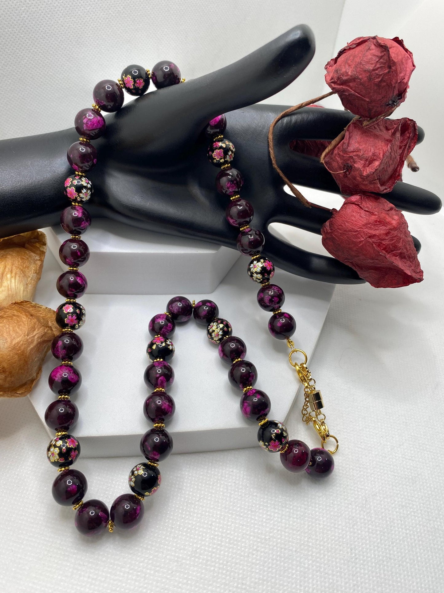 Dark Red Jasper Beaded Necklace: Floral Glass & Gold Accents