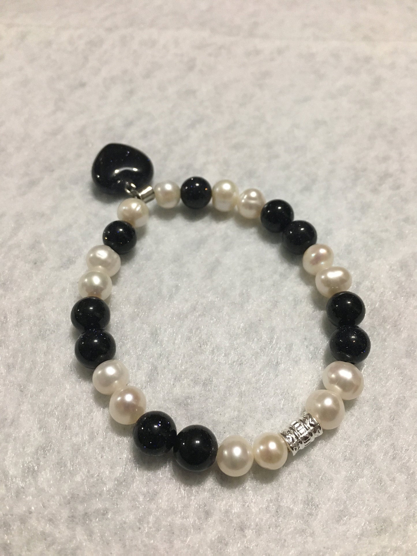 Pearl Bracelet: Blue Sandstone Heart Pendant, Handmade Jewelry