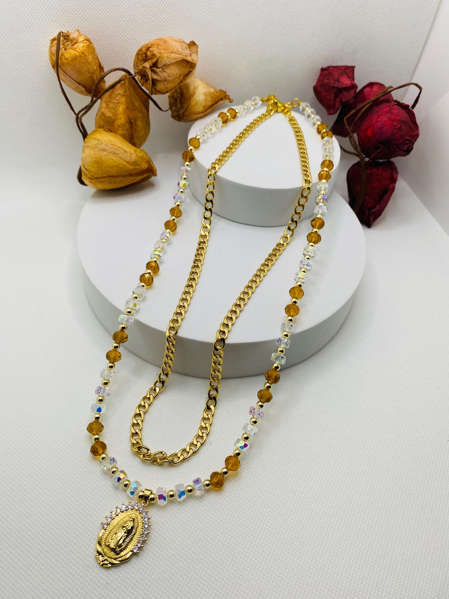 Virgin Mary Necklace: Gold Cuban Link Chain, Crystal Beads Religious Jewelry