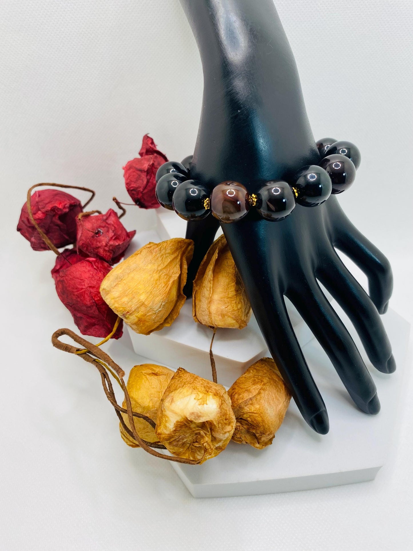 Handmade Obsidian & Agate Gemstone Bracelet with Golden Spacers