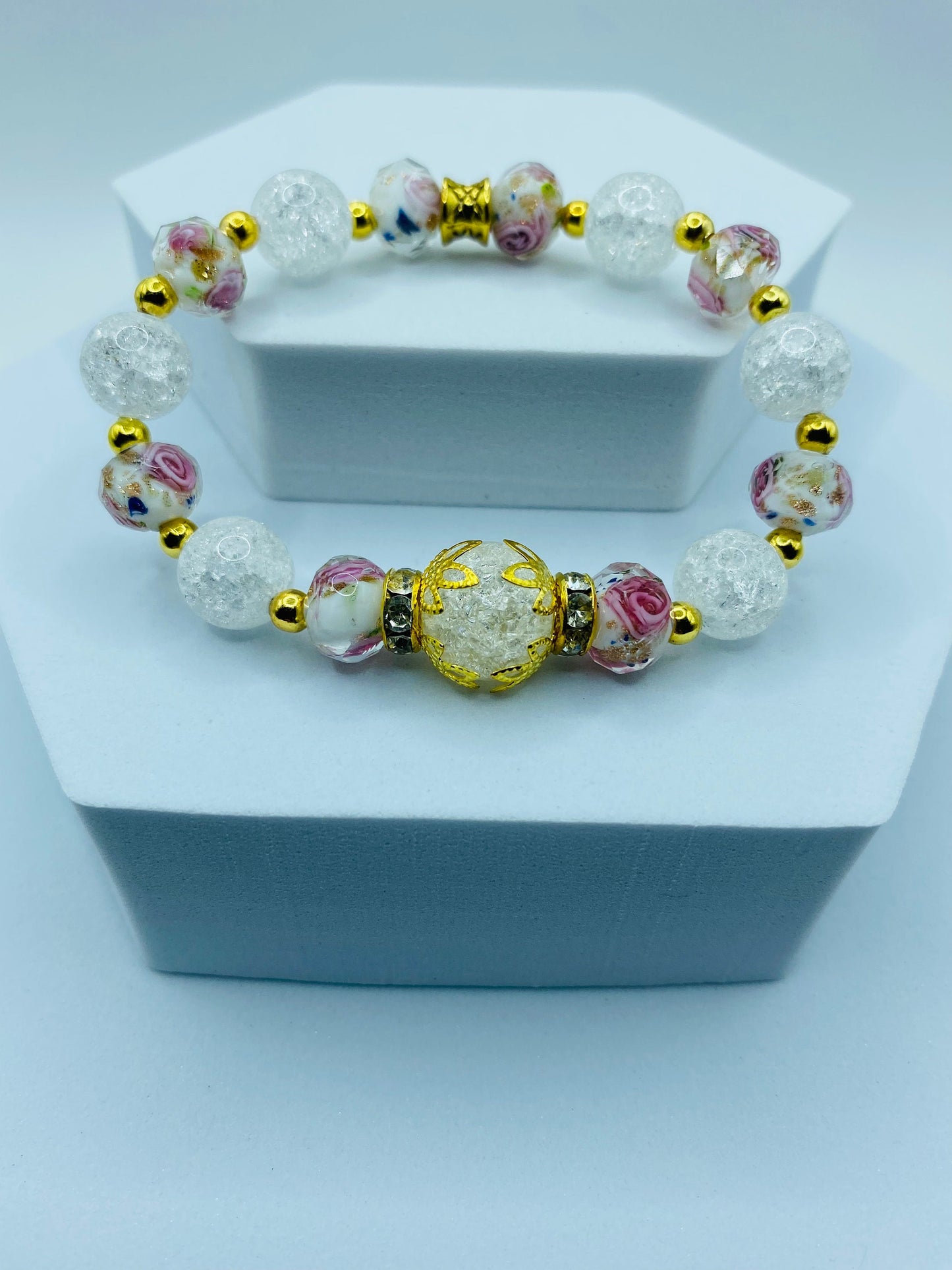 Quartz Crystal Bracelet: Lampwork Floral Glass & 18k Gold Hematite Beads
