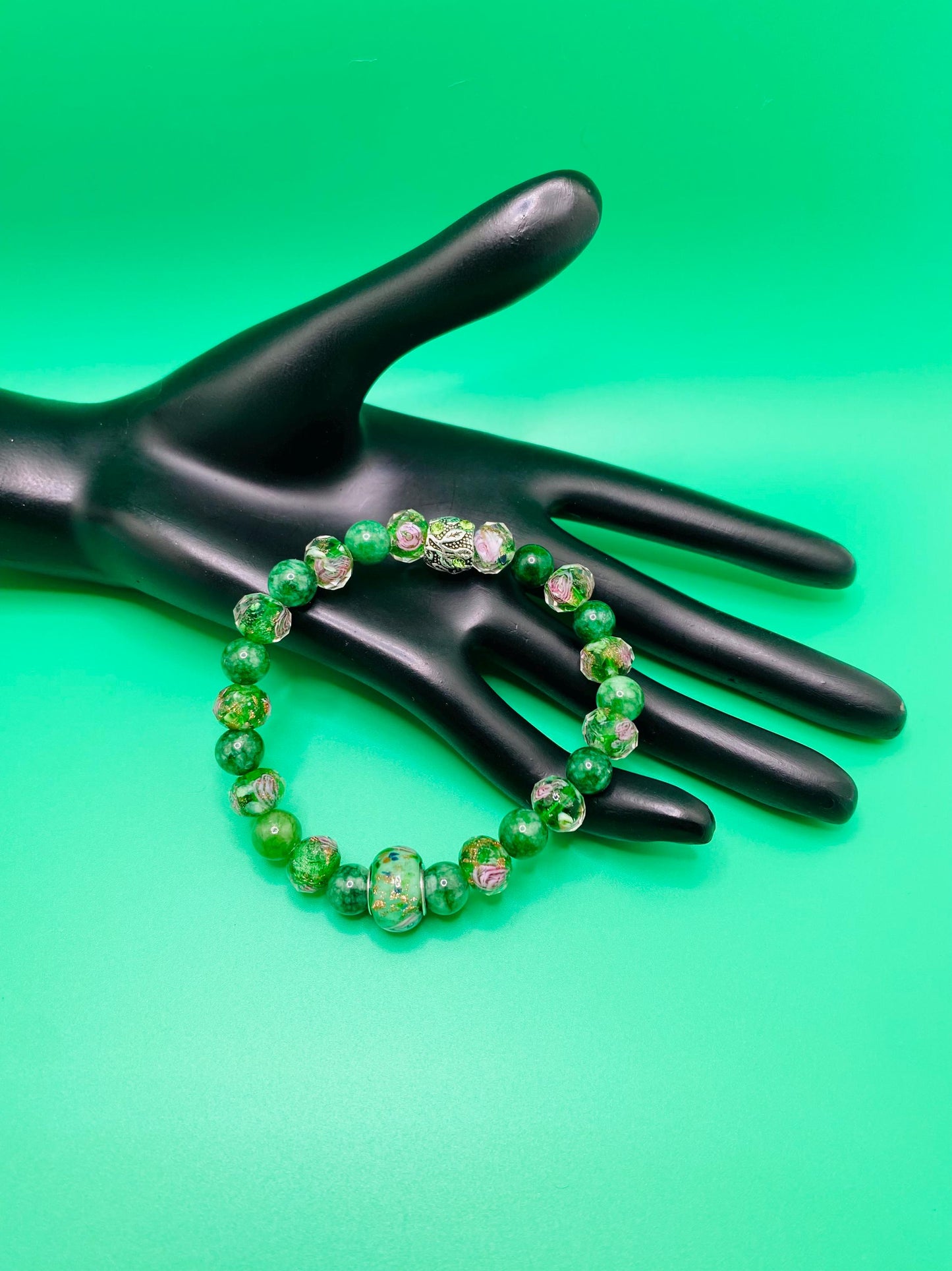 Lampwork Glass & Chalcedony Beaded Bracelet: Handmade Floral Jewelry