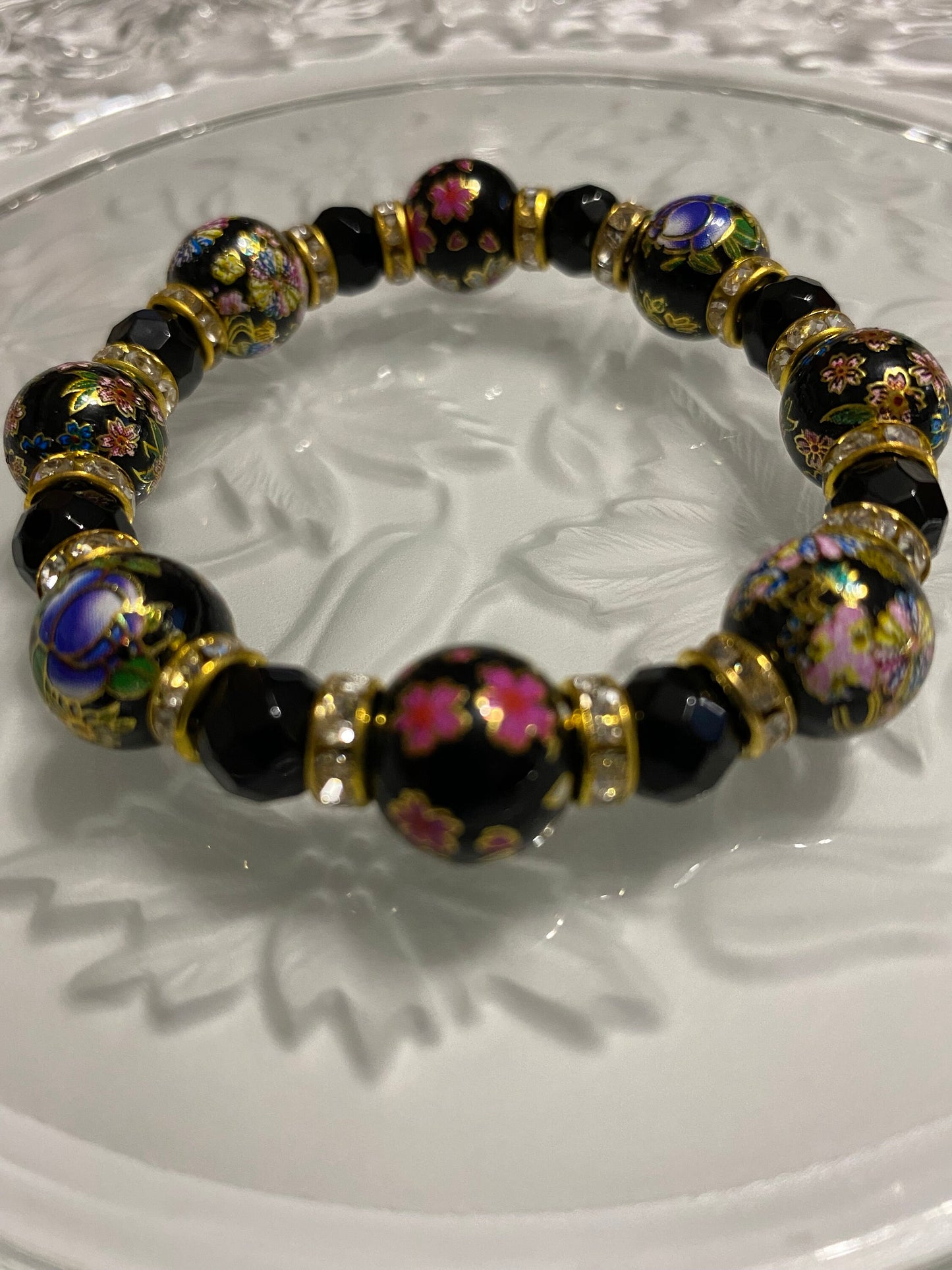 Black Onyx Bracelet: Hand-Painted Floral Glass Beads, 18k Gold Rhinestone
