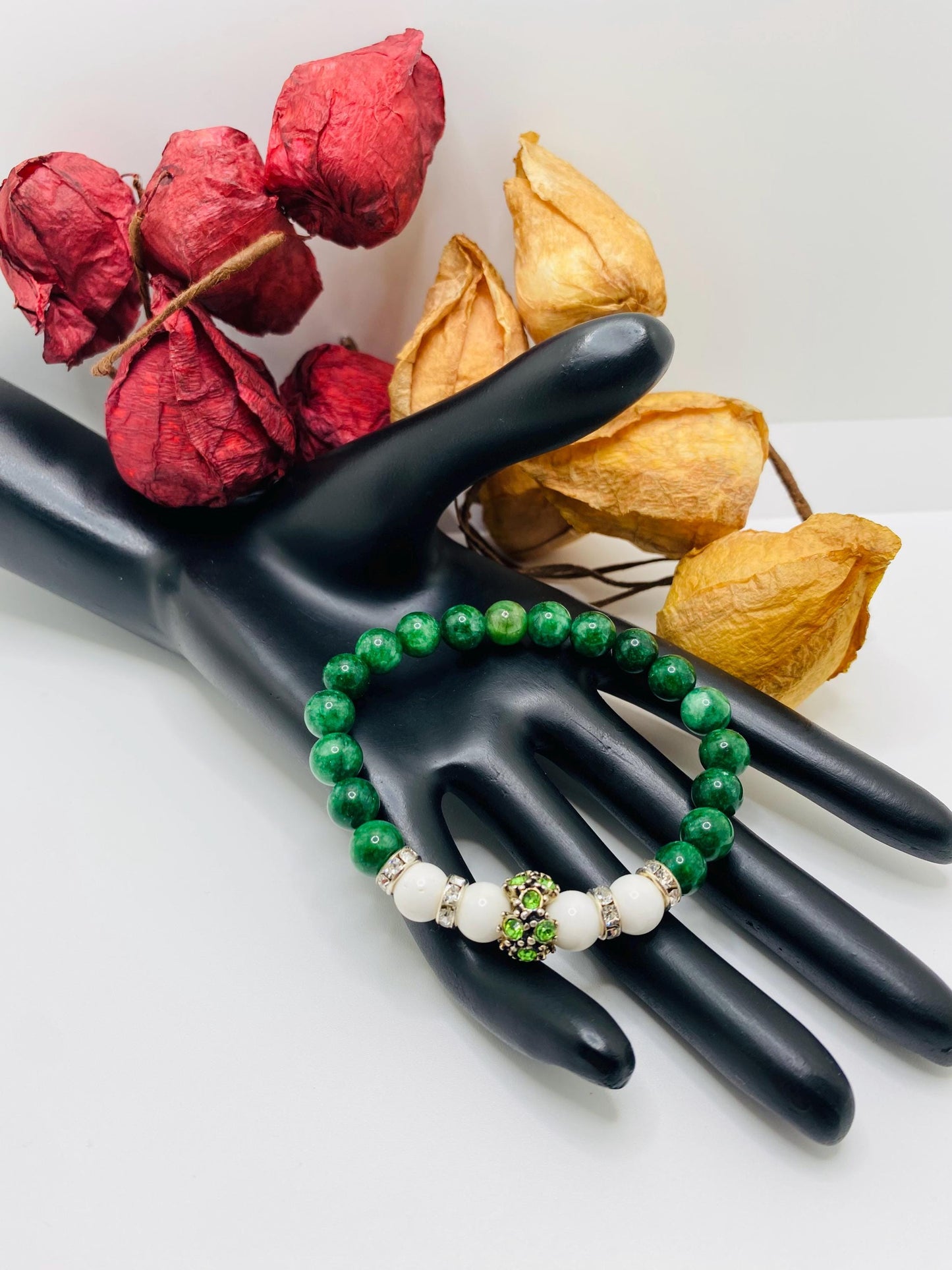 Jade Charm Bracelet: Agate Beads, Silver Rhinestone Charm