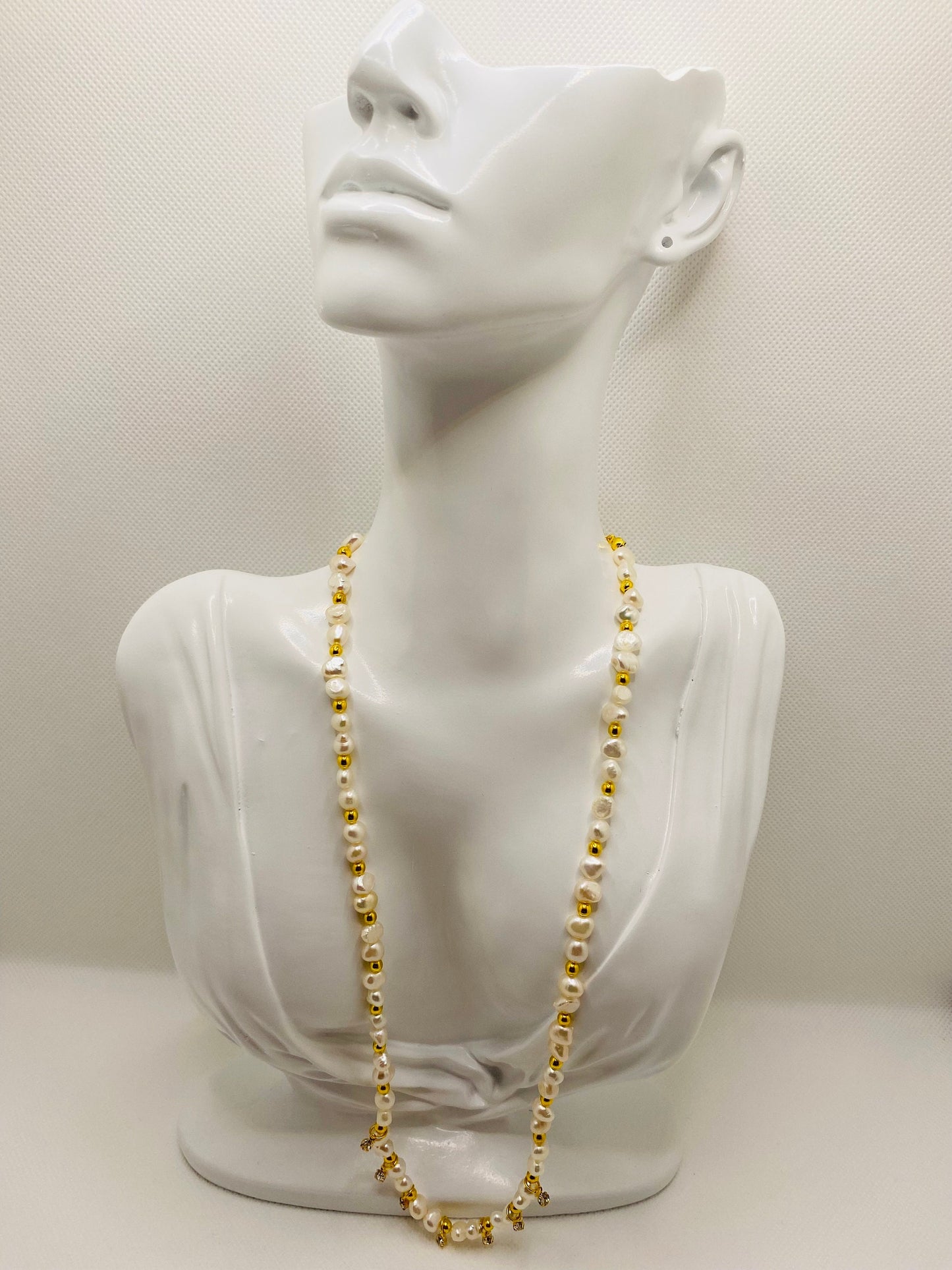 Baroque Pearl Necklace: 18k Gold Plated Hematite Beads, CZ Crystal Pendant