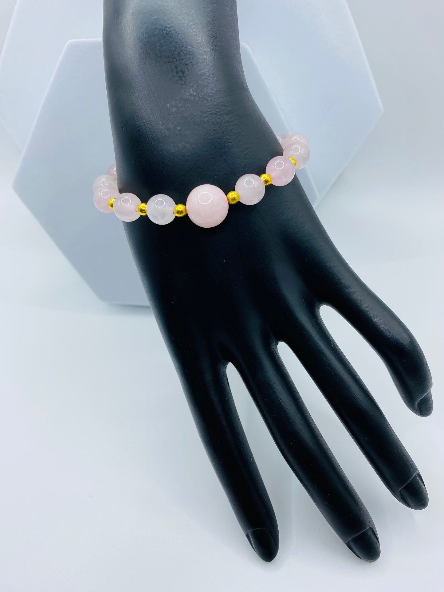 Handmade Rose Quartz Bracelet: 18k Gold Plated Hematite Beads