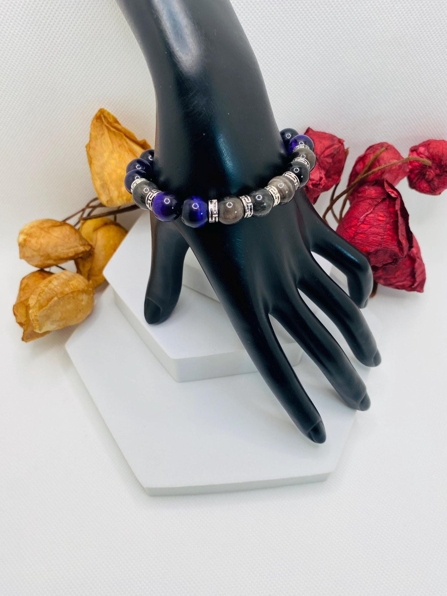 Tigers Eye Bracelet for Men: Black Obsidian & Tibetan Spacers