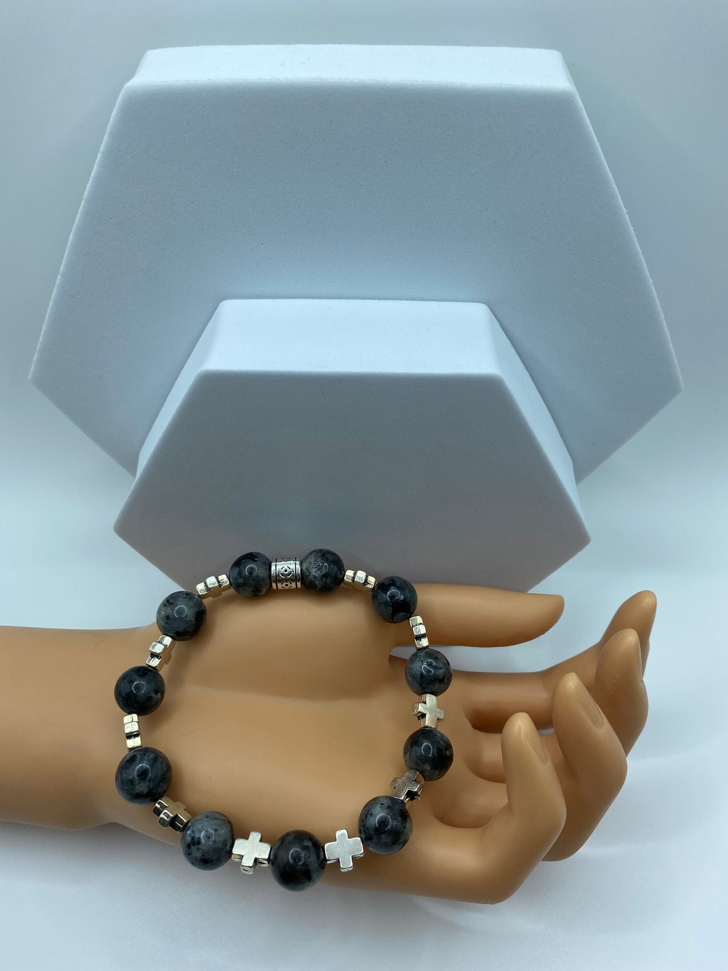 Mens Labradorite Beaded Bracelet with Silver Cross Charms