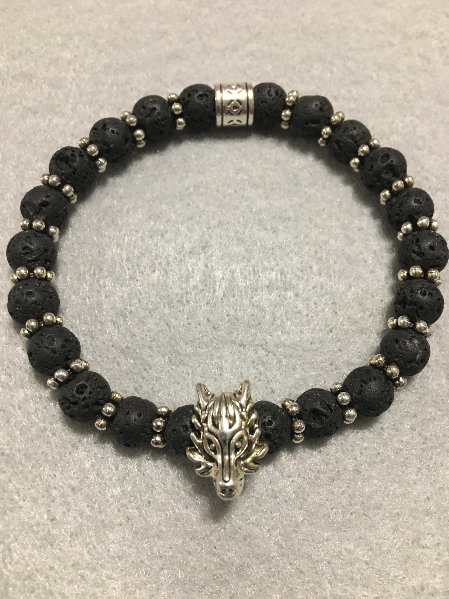 Silver Wolf Lava Rock Bracelet: Goth Men's Jewelry
