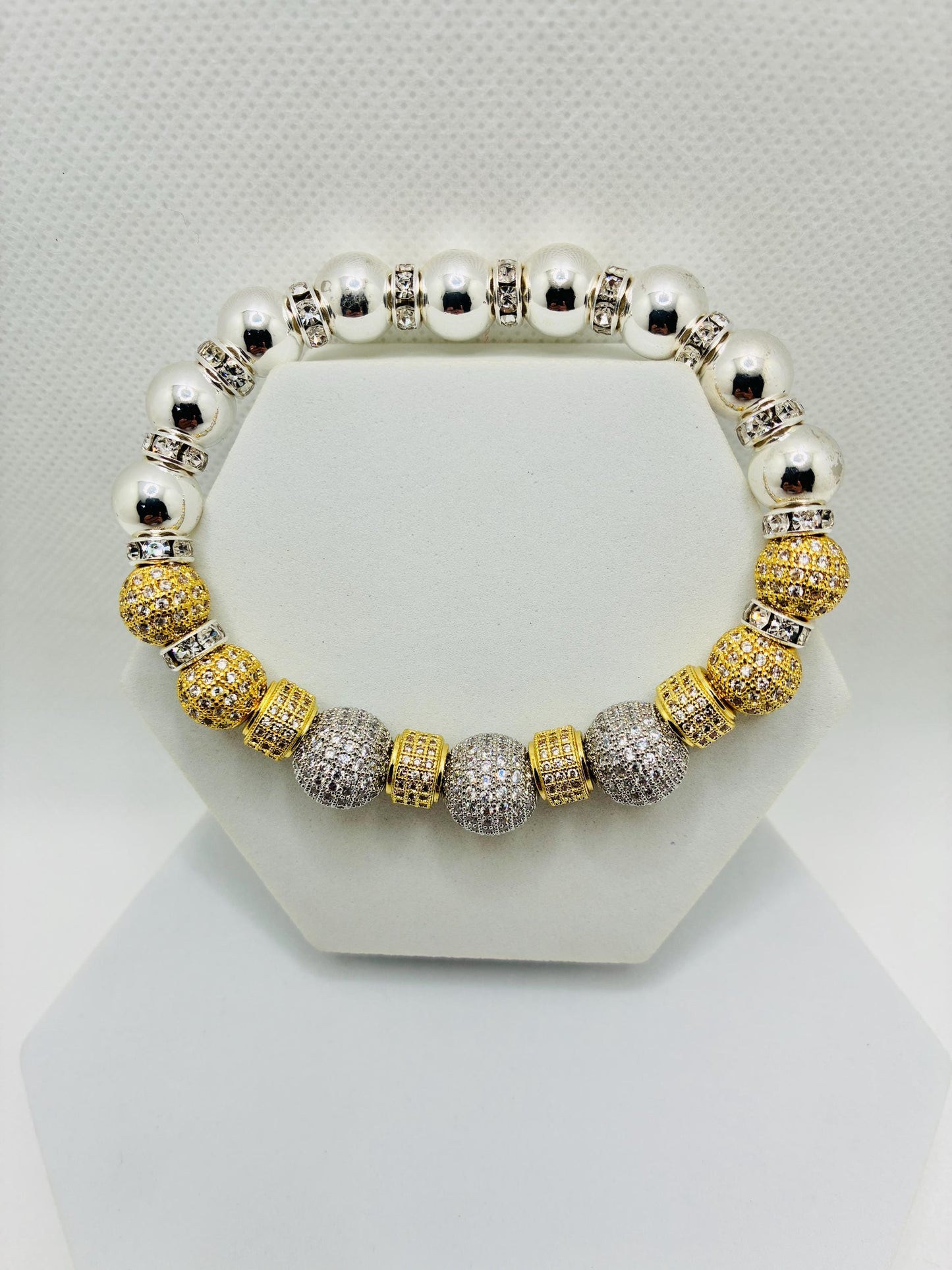 Silver Plated Hematite Bracelet with Gold-Plated and Silverplated Cubic Zirconia Beads