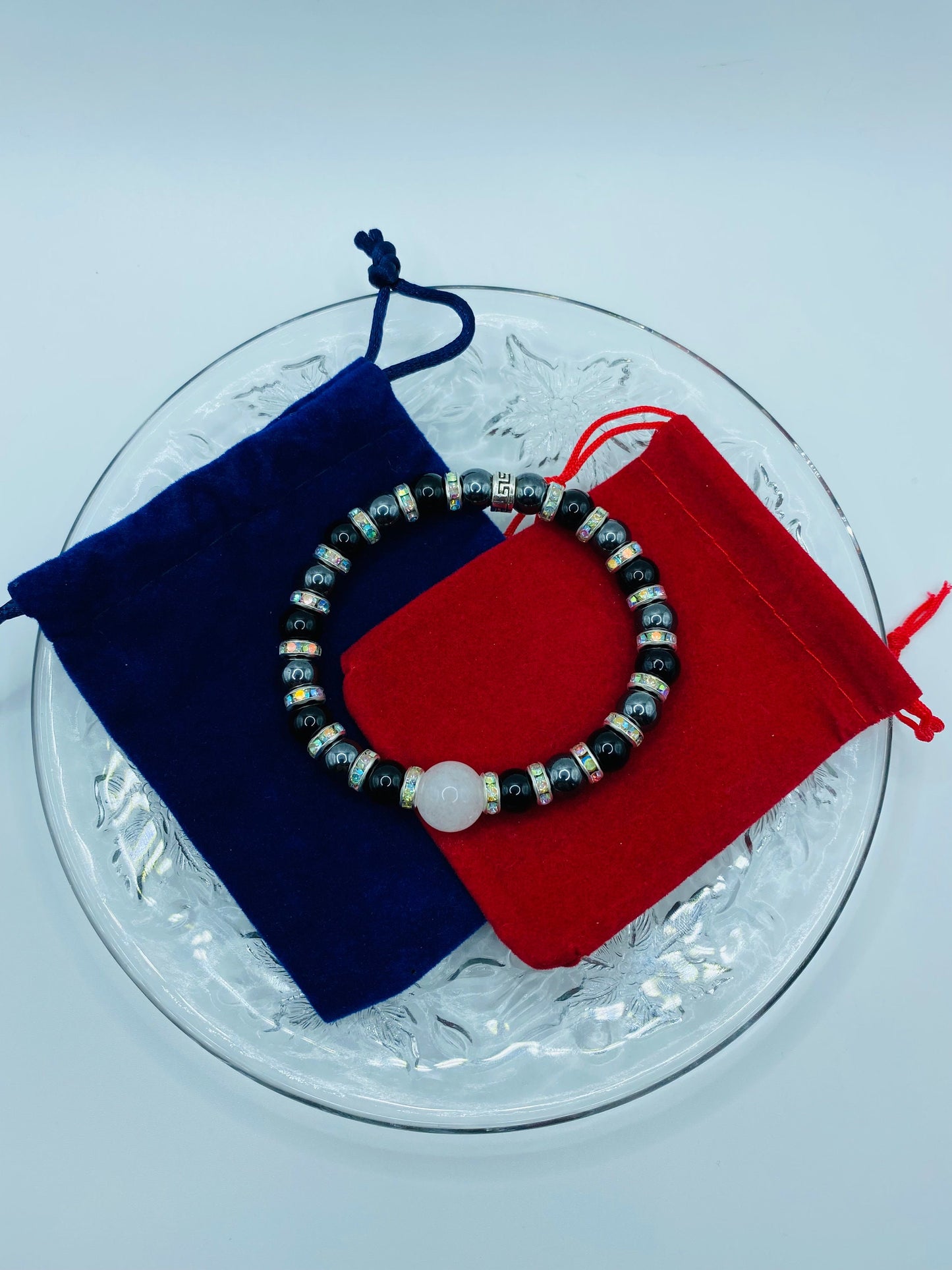 Handmade Black Onyx & Chalcedony Bracelet with Rhinestone Spacers