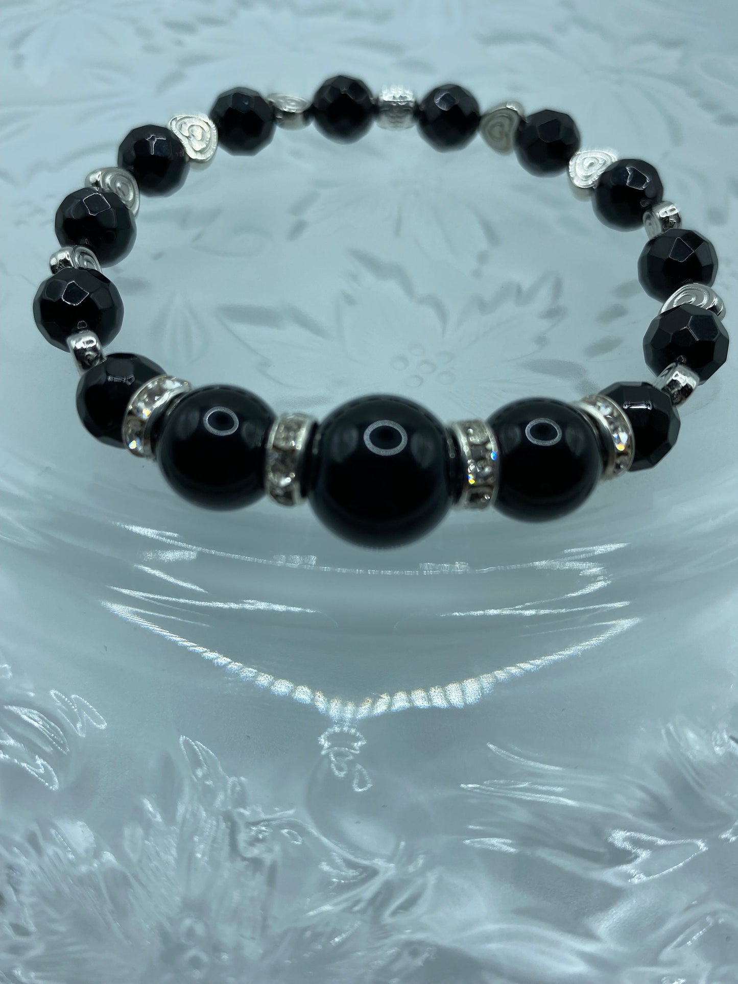 Black Onyx Bracelet: White Gold Heart Charm, Rhinestone Rondelles