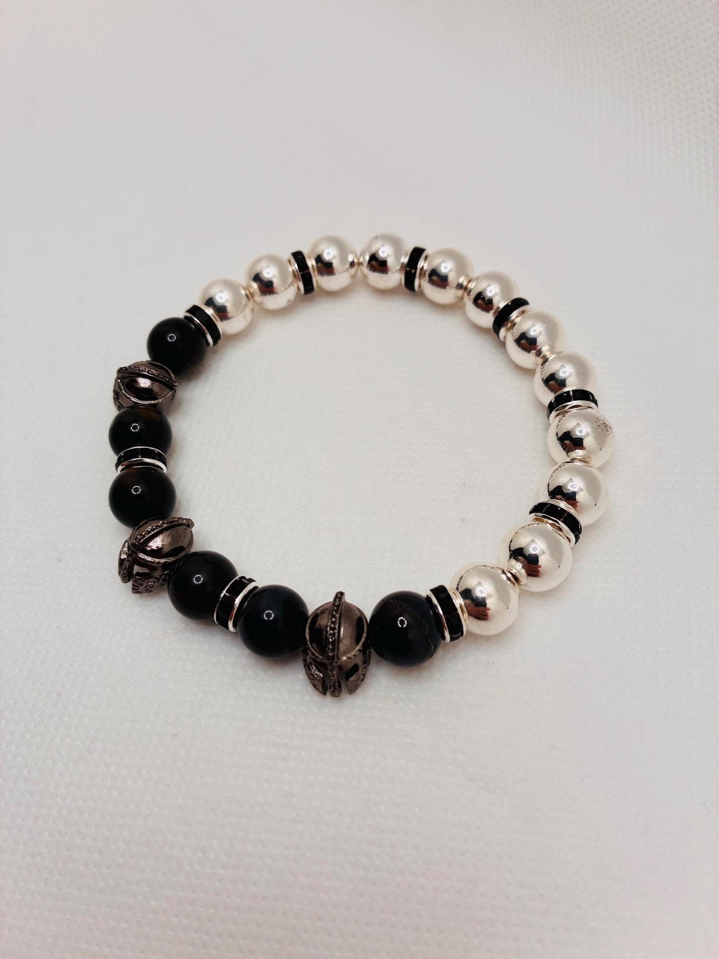 Mens Spartan Helmet Bracelet: Silver Hematite & Obsidian Gemstone Beads, Medieval Jewelry