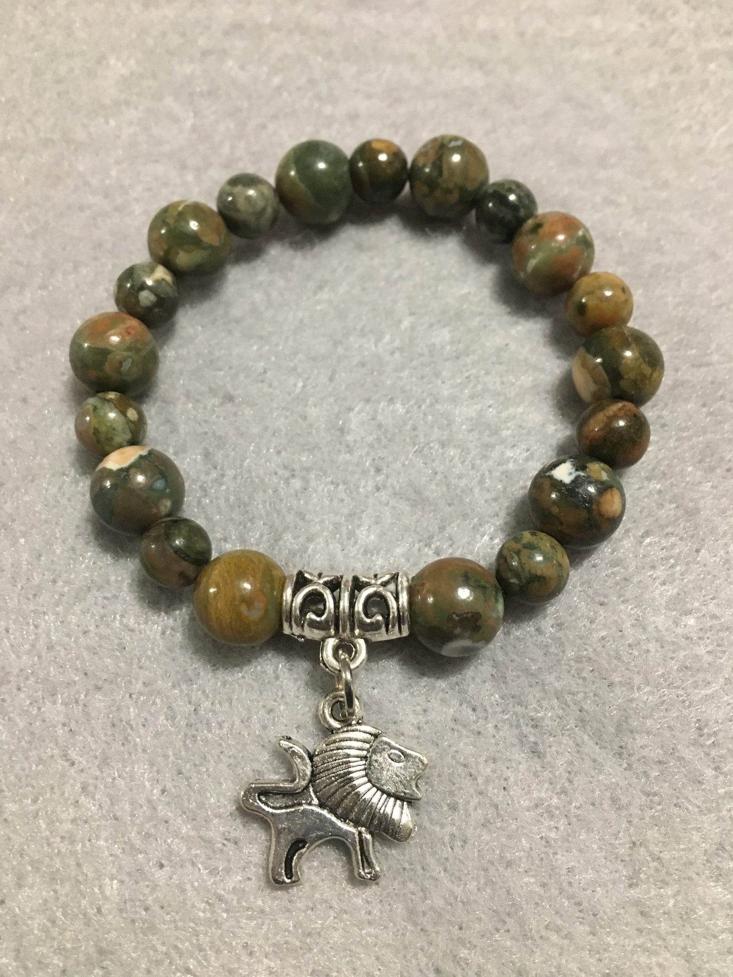 Lion Charm Bracelet: Rhyolite Gemstone Beads, Antique Silver Lion