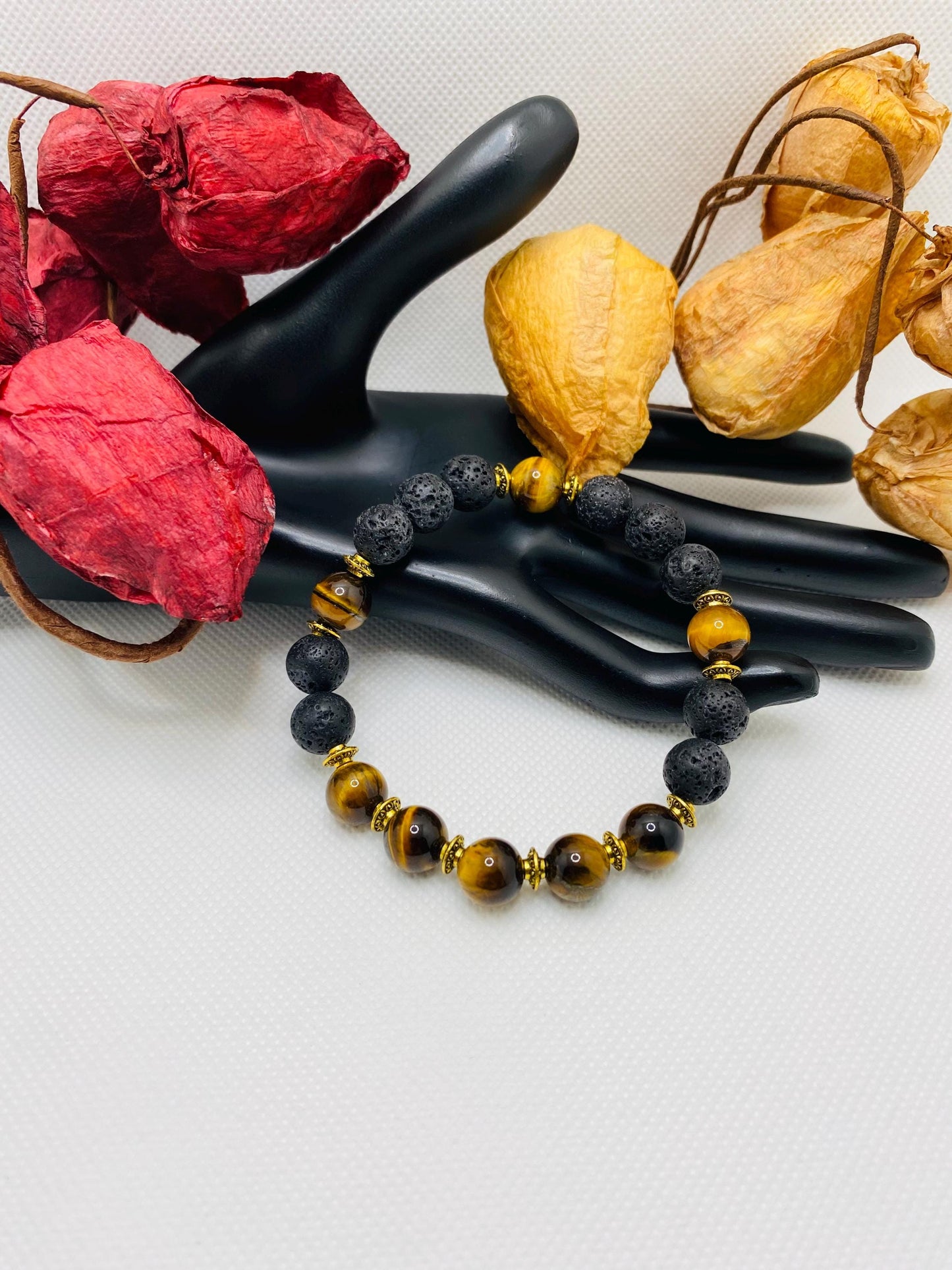 Mens Lava Rock & Tigers Eye Bracelet: Tibetan Gemstone Jewelry