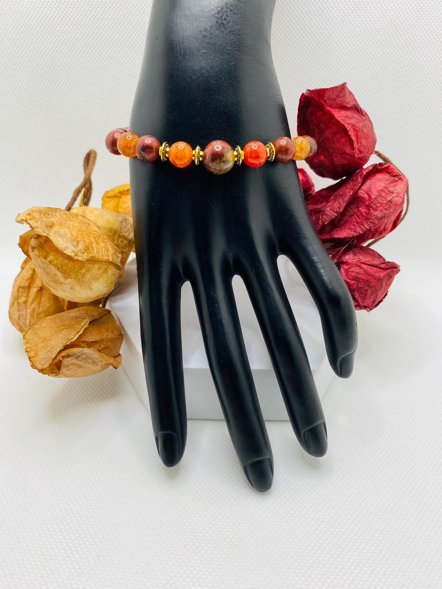 Mens Red Jasper Beaded Bracelet: Agate Gemstone, Tibetan Jewelry