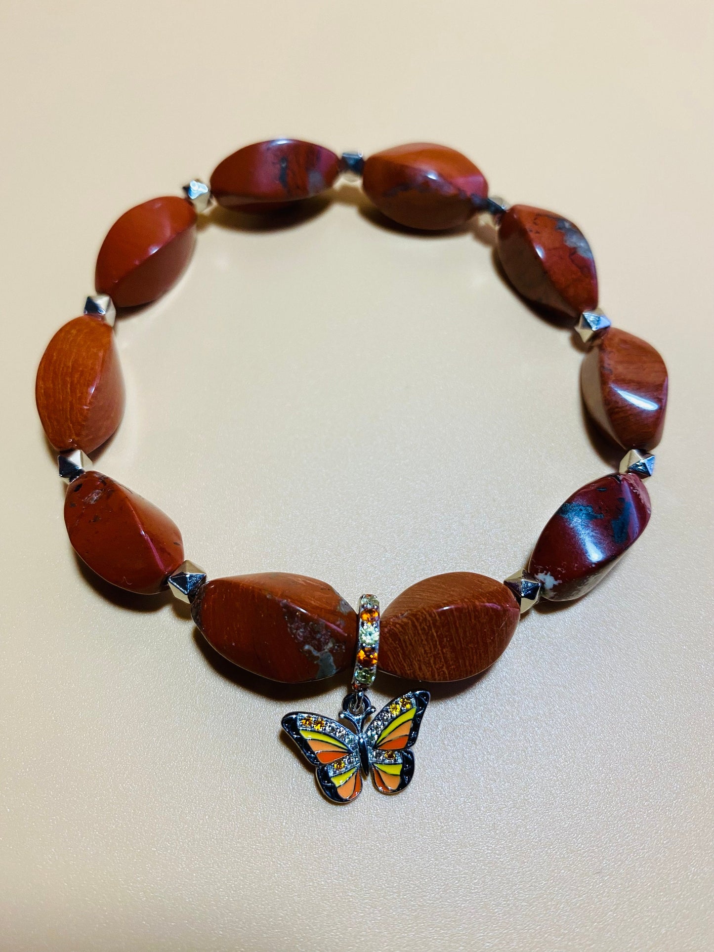 Handmade Red Jasper Bracelet: Butterfly Charm, Gemstone Jewelry