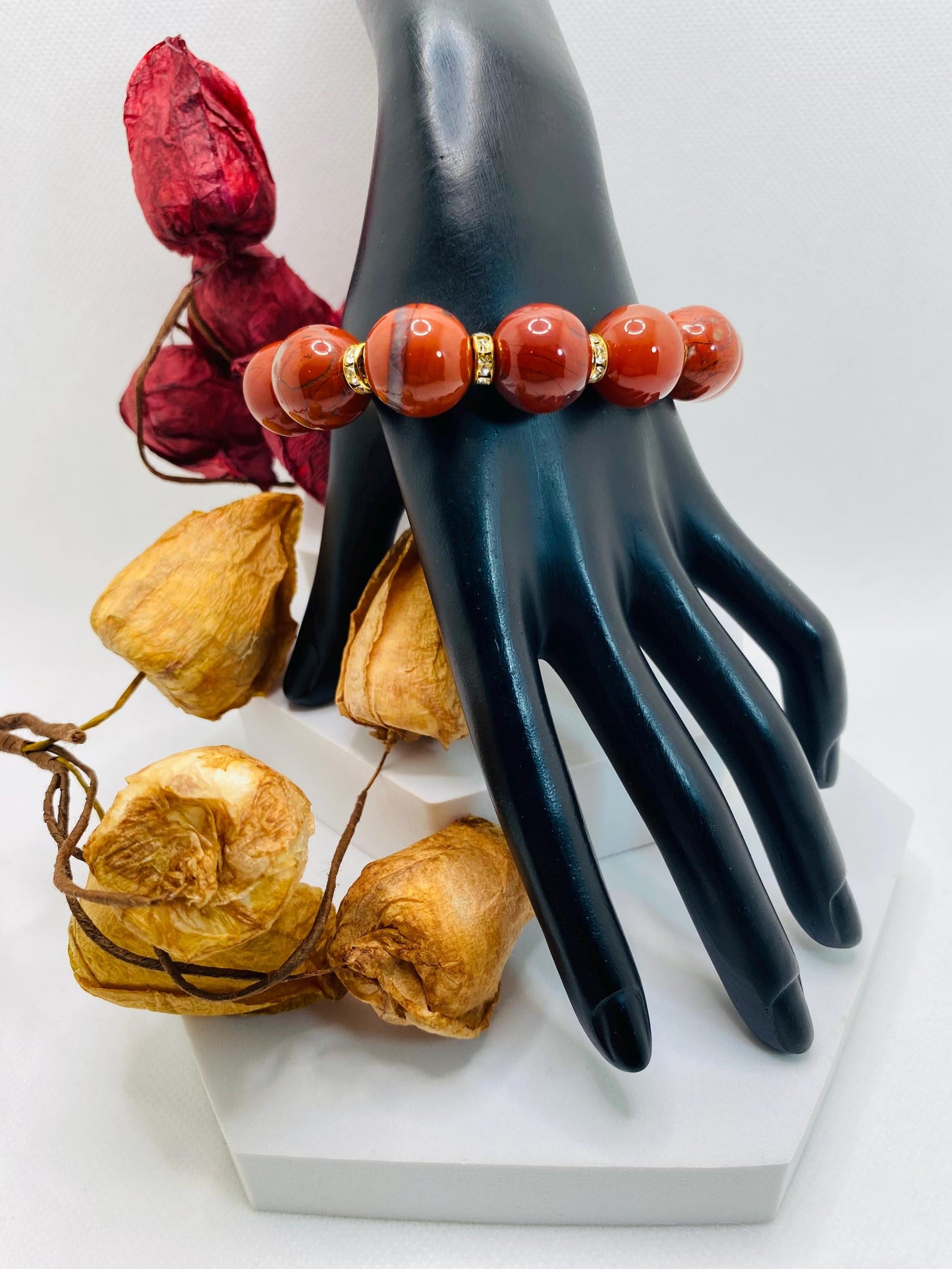 Handmade Chunky Red Jasper Bracelet: Rhinestone Gemstone Jewelry