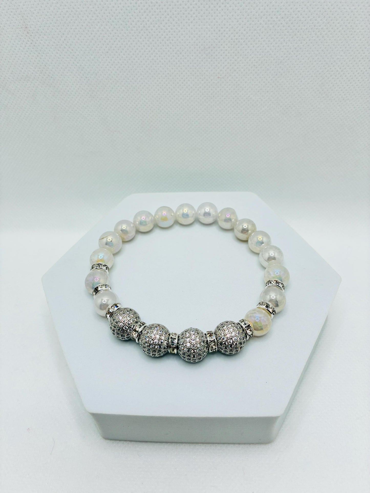 Brass Rhinestone & Zircon Beads White Gold and Snow Quartz Gemstone Bracelet: Silver Plated Rondelles