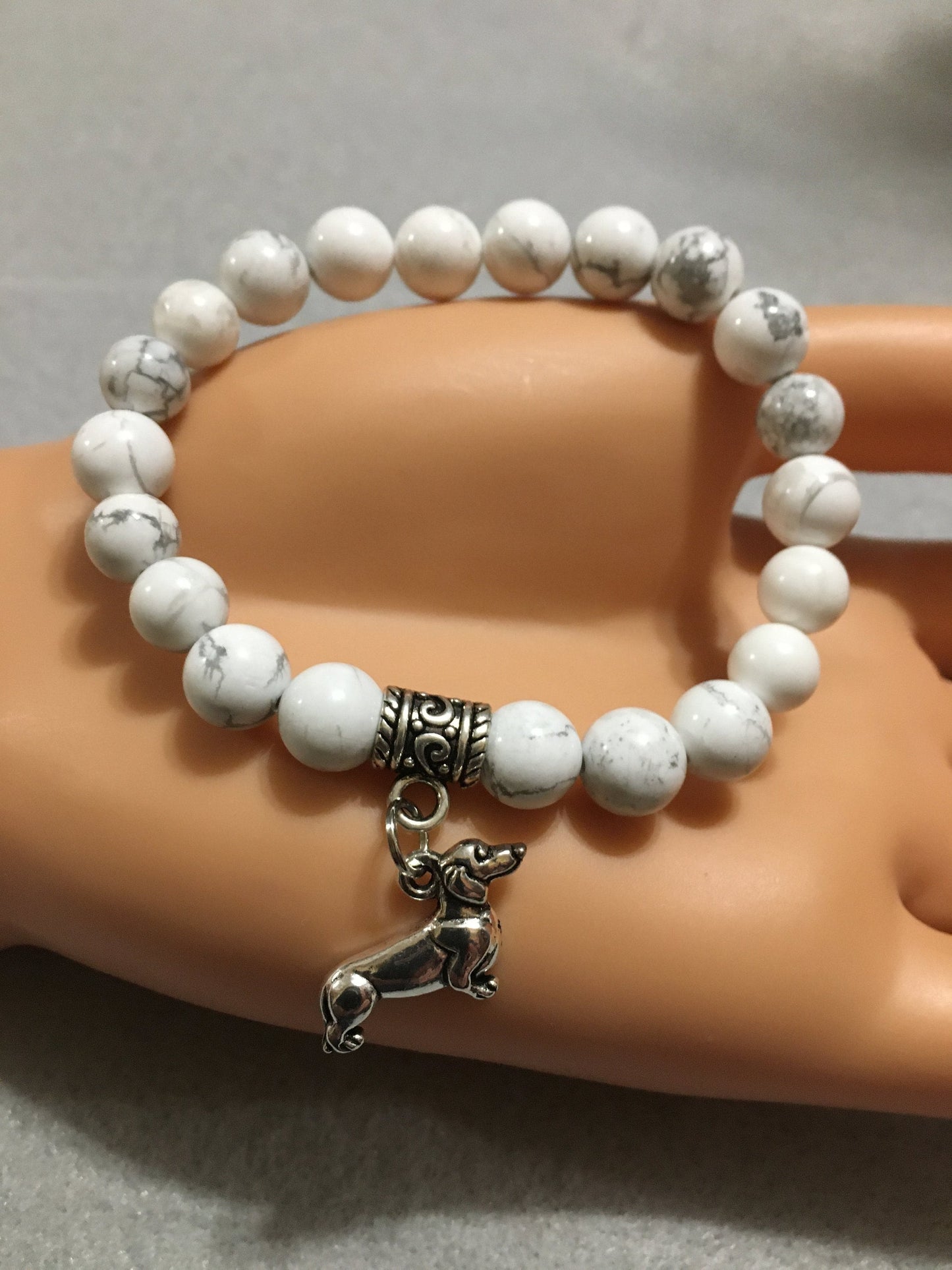 Dachshund Charm Bracelet: Howlite Gemstone Beads, Dog Memorial Gift