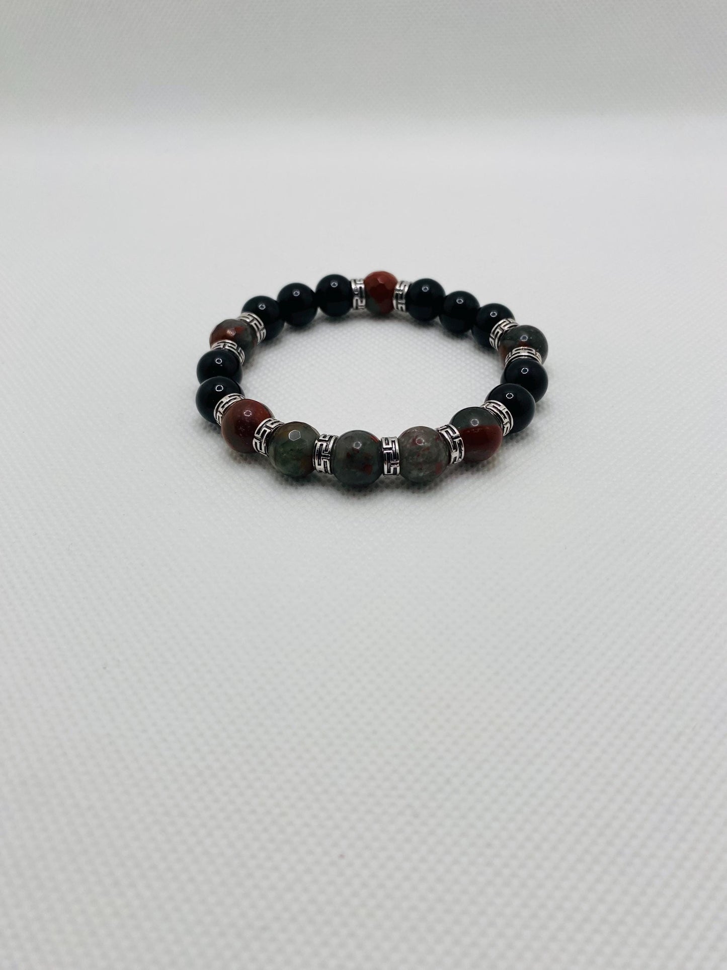 Mens Beaded Bracelet with Onyx & African Jasper Bloodstones, Tibetan Jewelry, Gifts for Men