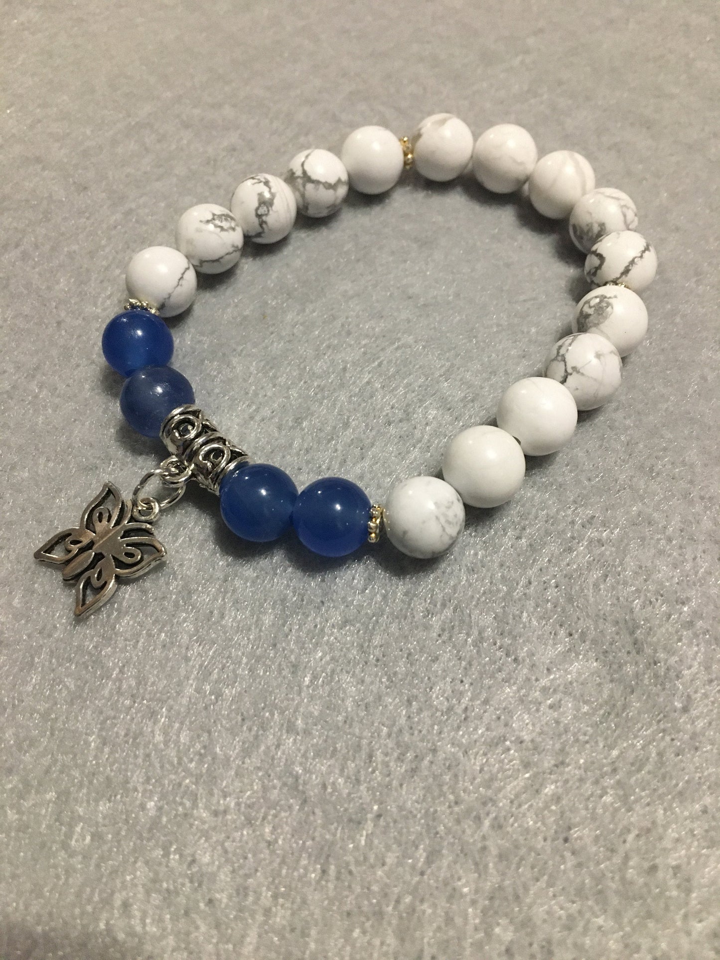 Butterfly Charm Bracelet: Blue Lace Agate & Howlite Gemstone Beads