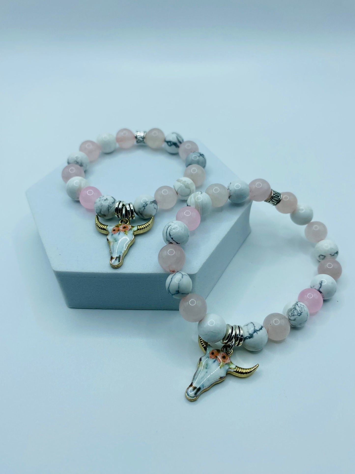 Mommy and Me Cow Charm Bracelet: Rose Quartz & Howlite Gemstone Beads