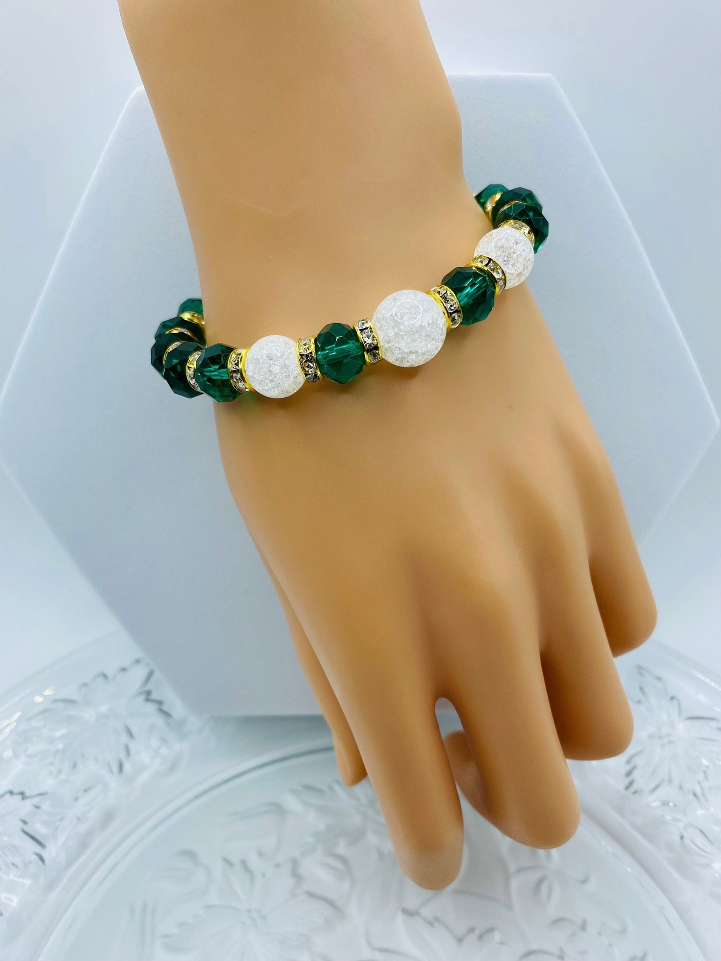 Emerald Green Crystal Bracelet: Crackle Quartz & Rhinestone Rondelles