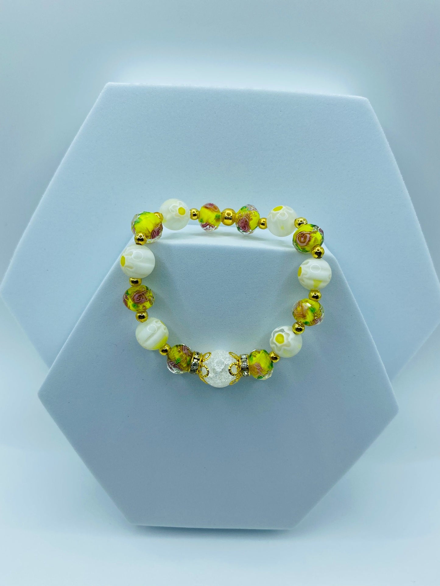 Lampwork Glass Bead Bracelet: Boho Floral Jewelry, Gold Hematite Accent