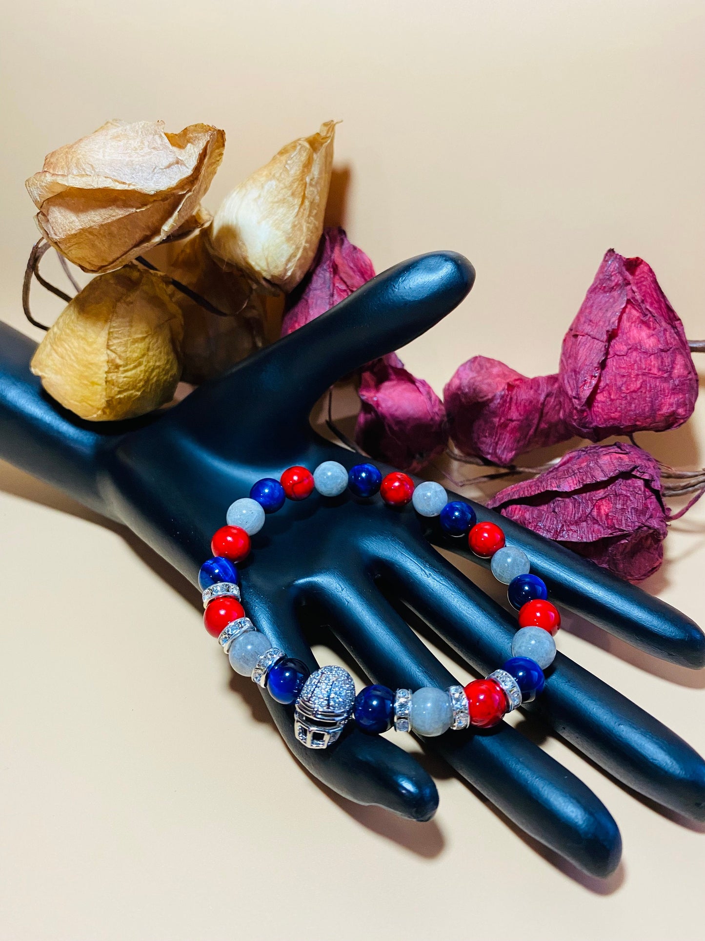 New England Patriots Bracelet: Gemstone Beads & CZ Helmet Charm