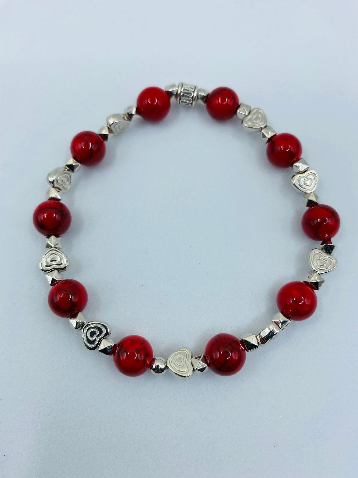 Red Turquoise Bracelet with White Gold Heart Charms