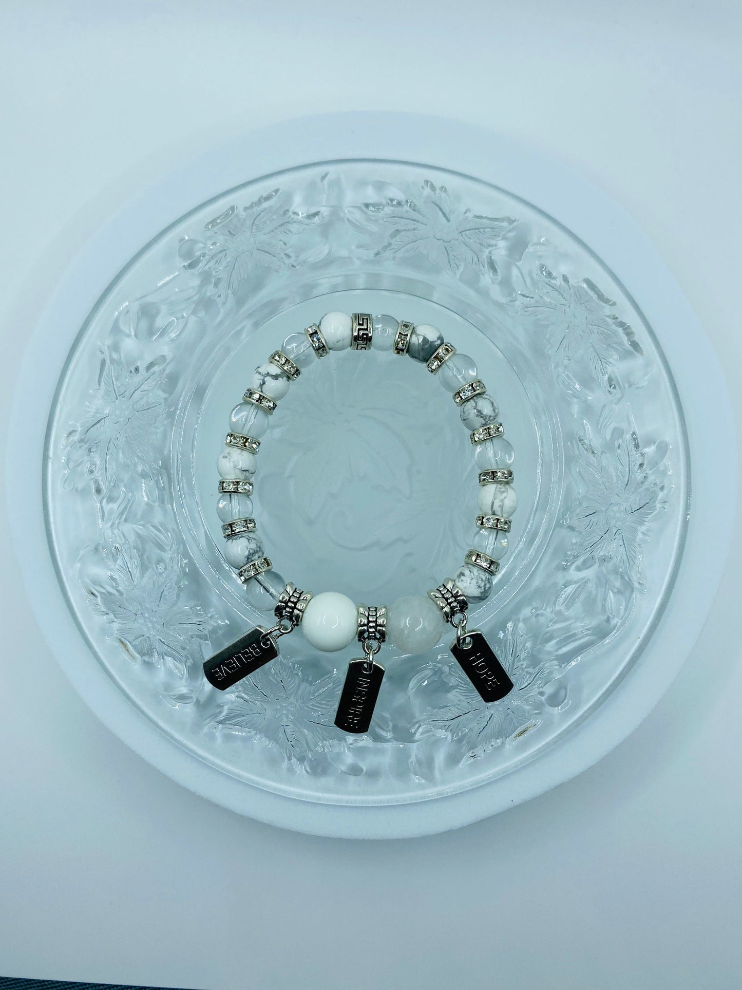 Inspirational Gemstone Bead Bracelet: Stainless Steel Word Charms