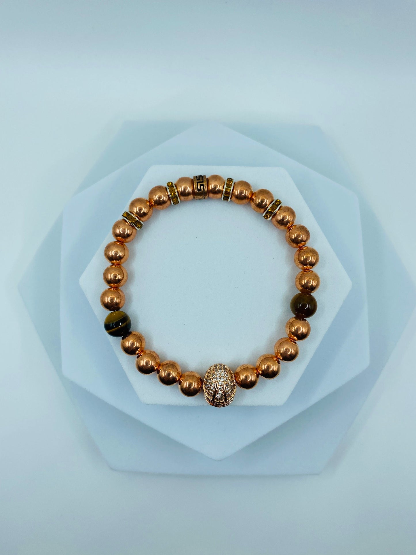 Rose Gold Hematite Bracelet: Spartan Helmet, Tiger's Eye Beads