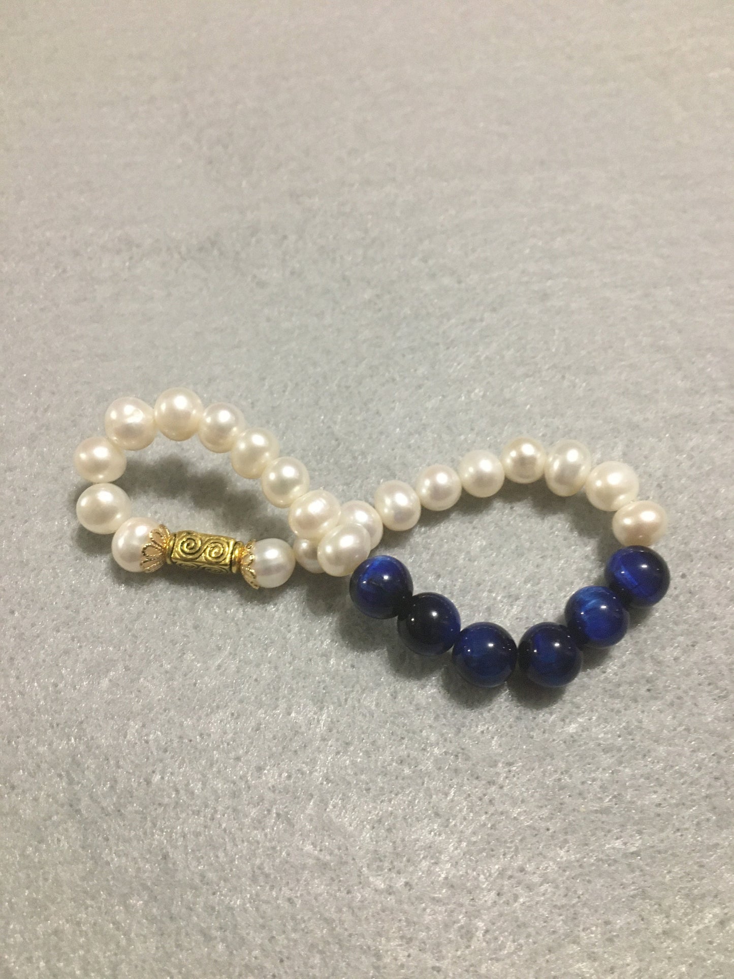 Handmade Pearl Bracelet: Blue Tiger's Eye Gemstone, 18k Gold Accents