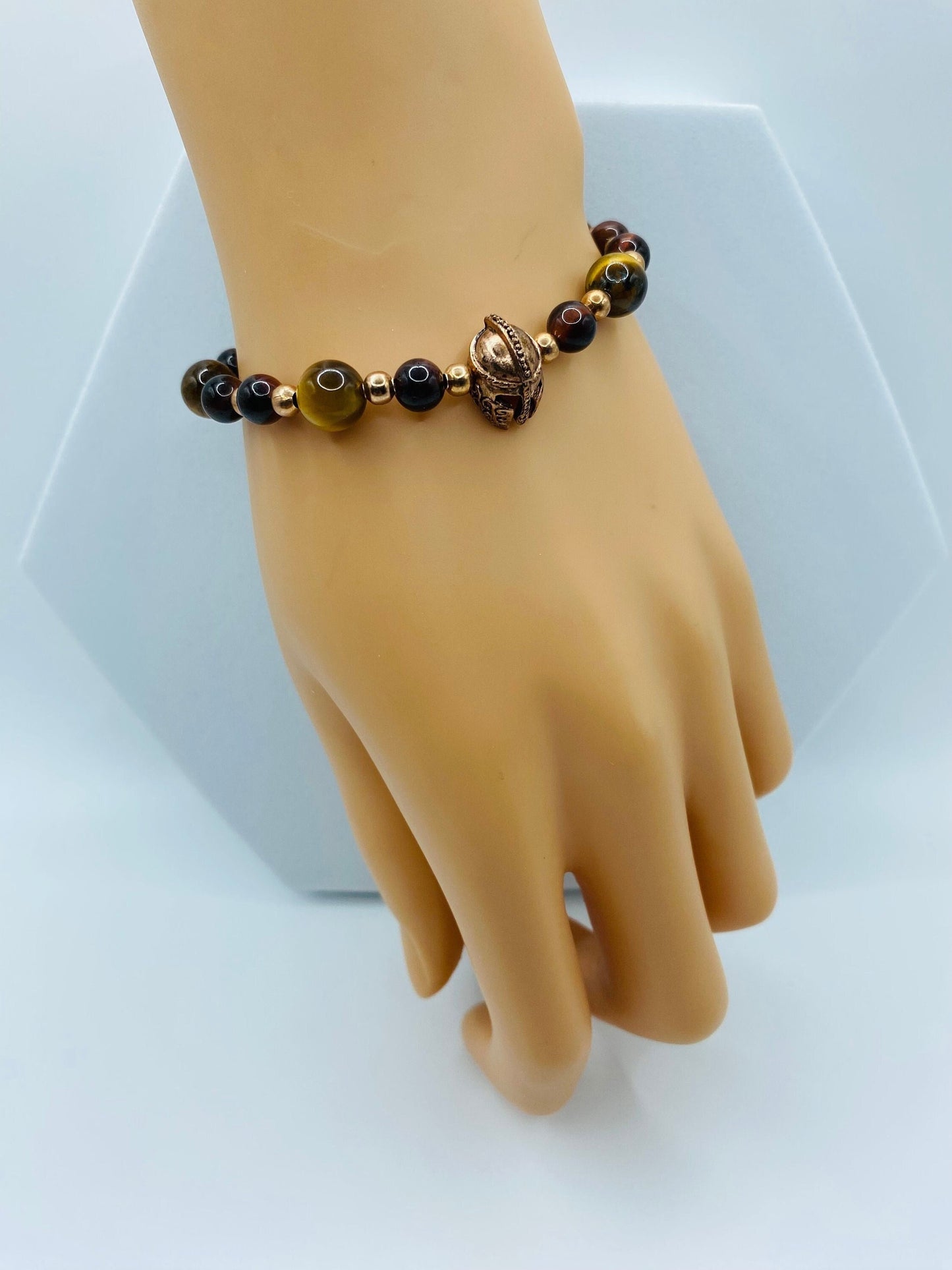 Rose Gold Spartan Helmet Bracelet: Tiger's Eye Gemstone Beaded Bracelet