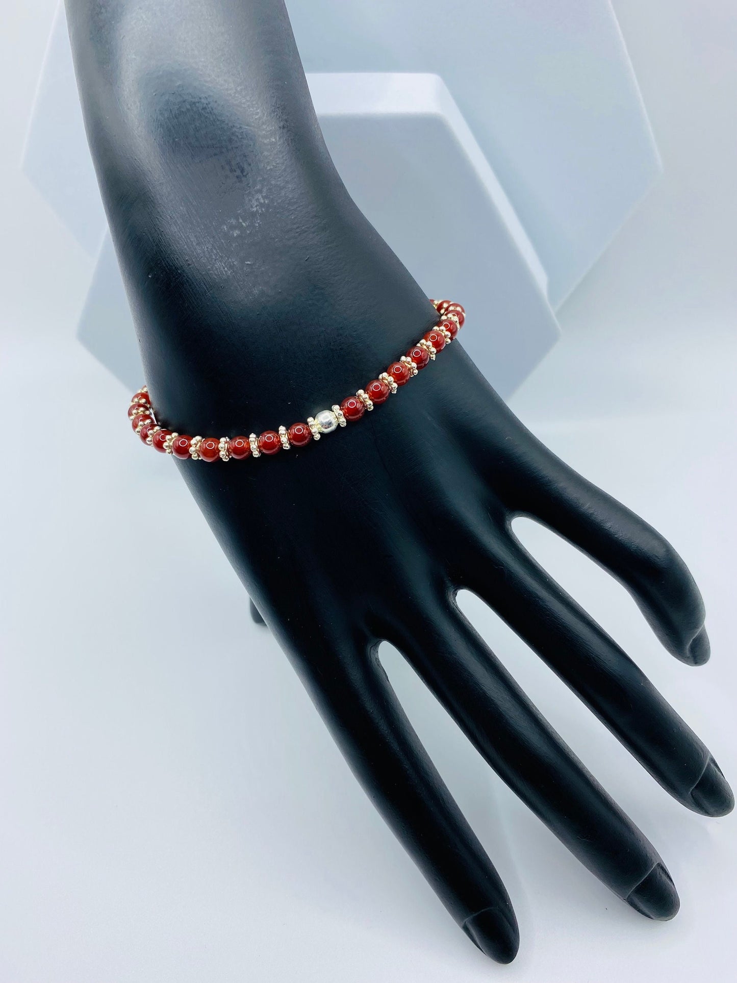 Garnet Bracelet: Silver Snowflake & Hematite Beaded Bracelet