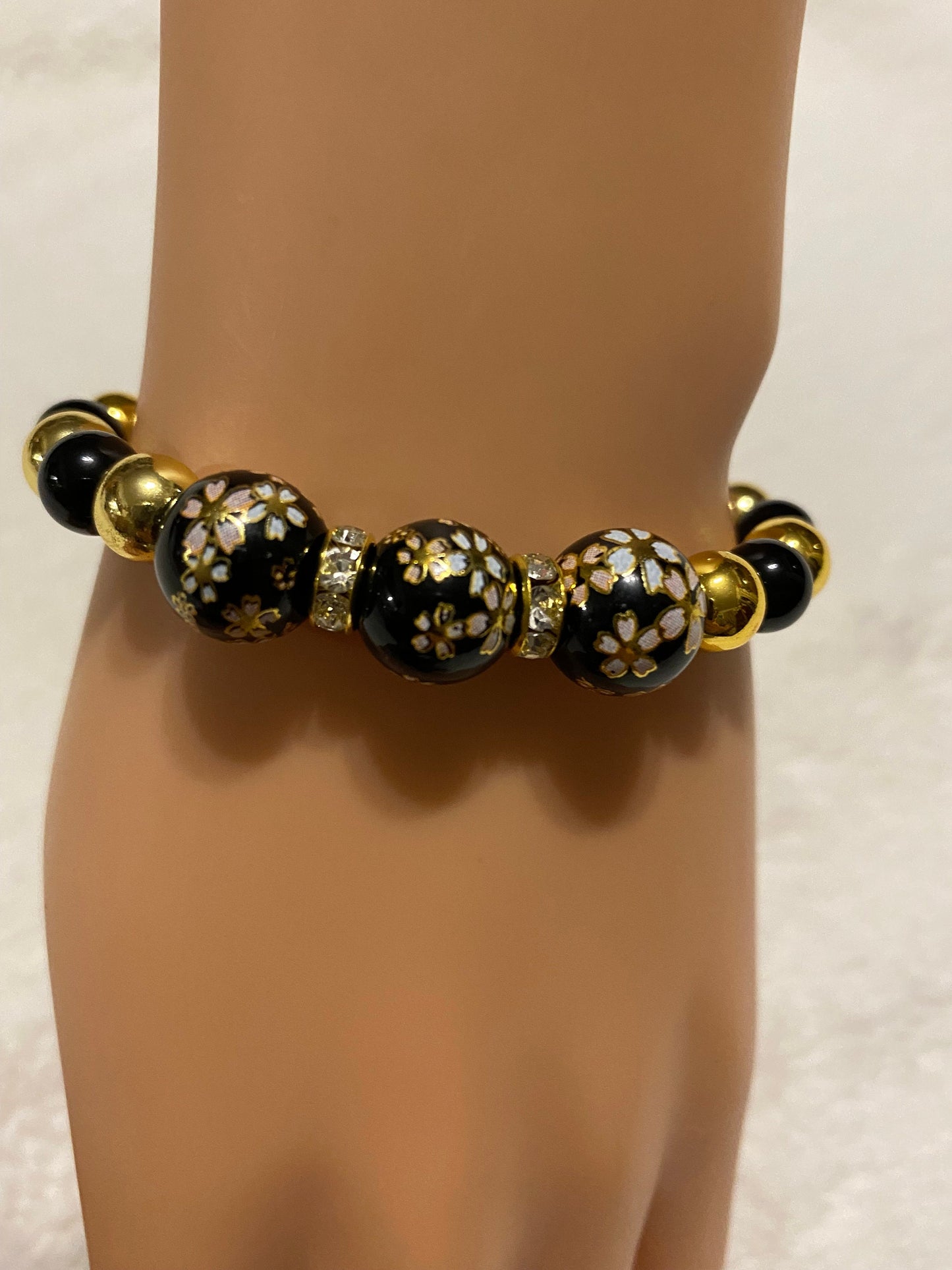 Handmade Floral Painted Glass Bead Bracelet: Onyx & 18k Gold Hematite