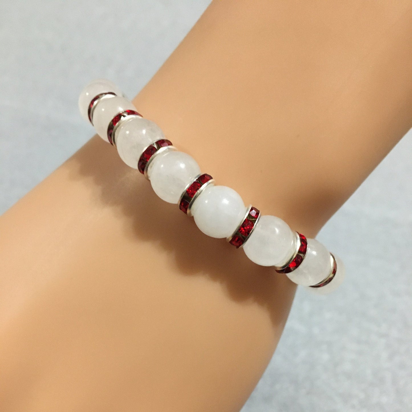 White Jade Bracelet with Red Rhinestone Rondelles