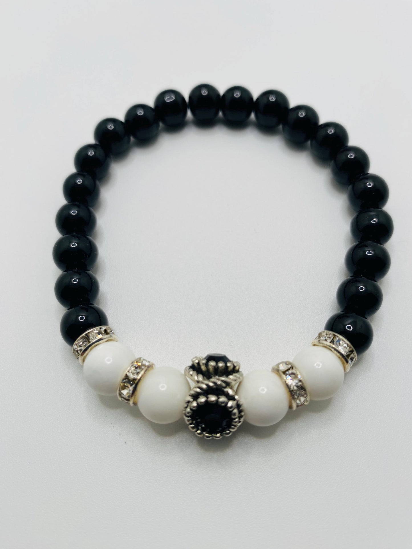 Black Onyx & White Agate Beaded Charm Bracelet - Rhinestone Accent